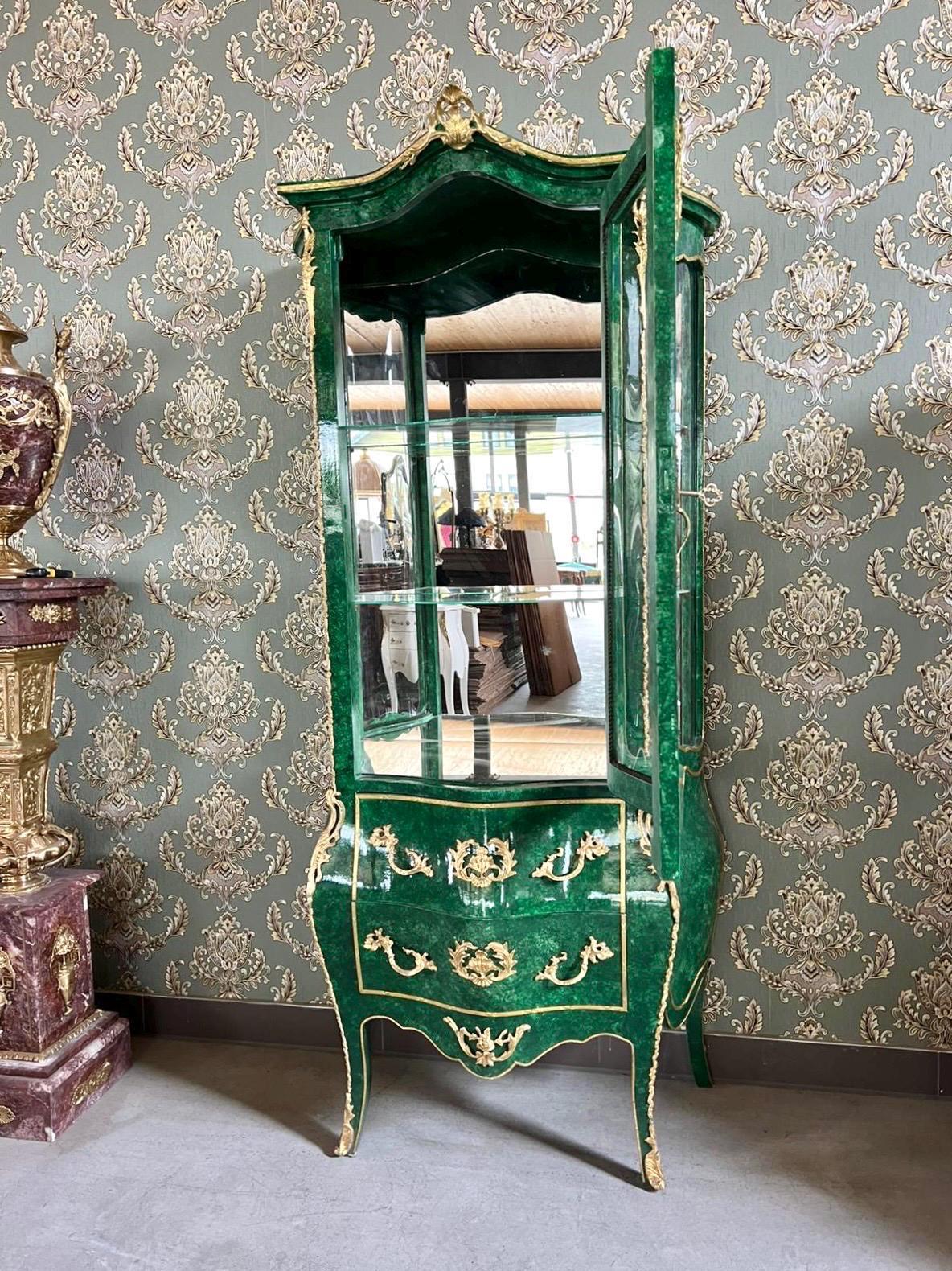 Display Cabinet Emerald Green Color Vitrine French Baroque Royal Style Marble Slab Top Showcase for Wall Decor Gift - LIMITED EDITION