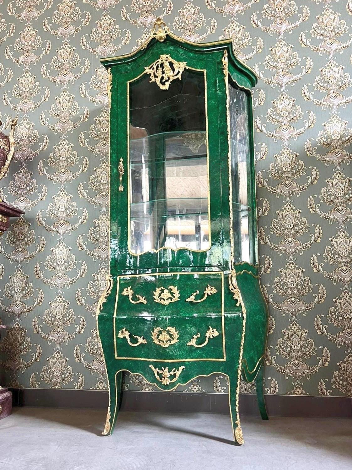 Display Cabinet Emerald Green Color Vitrine French Baroque Royal Style Marble Slab Top Showcase for Wall Decor Gift - LIMITED EDITION