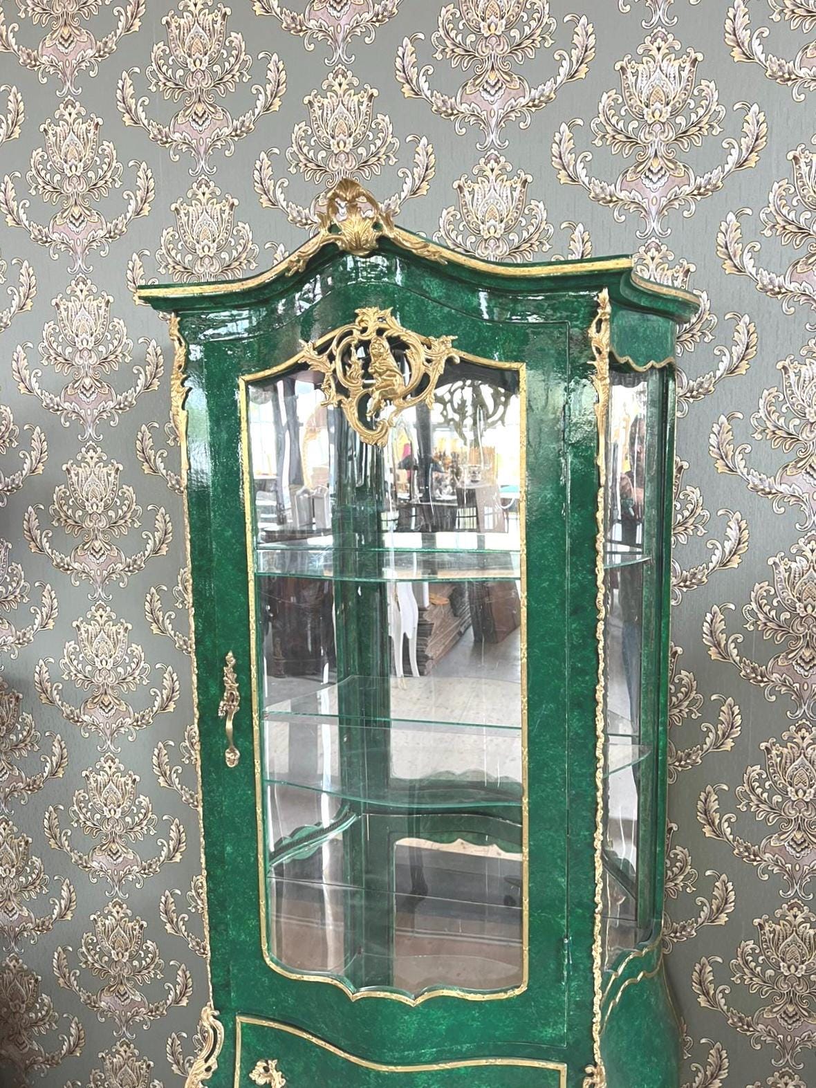 Display Cabinet Emerald Green Color Vitrine French Baroque Royal Style Marble Slab Top Showcase for Wall Decor Gift - LIMITED EDITION