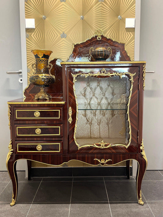 Display Cabinet French Louis Showcase for Dining Room Decor Glossy Brown Retro Baroque Cabinet with Brass Ornaments for New Home Decor