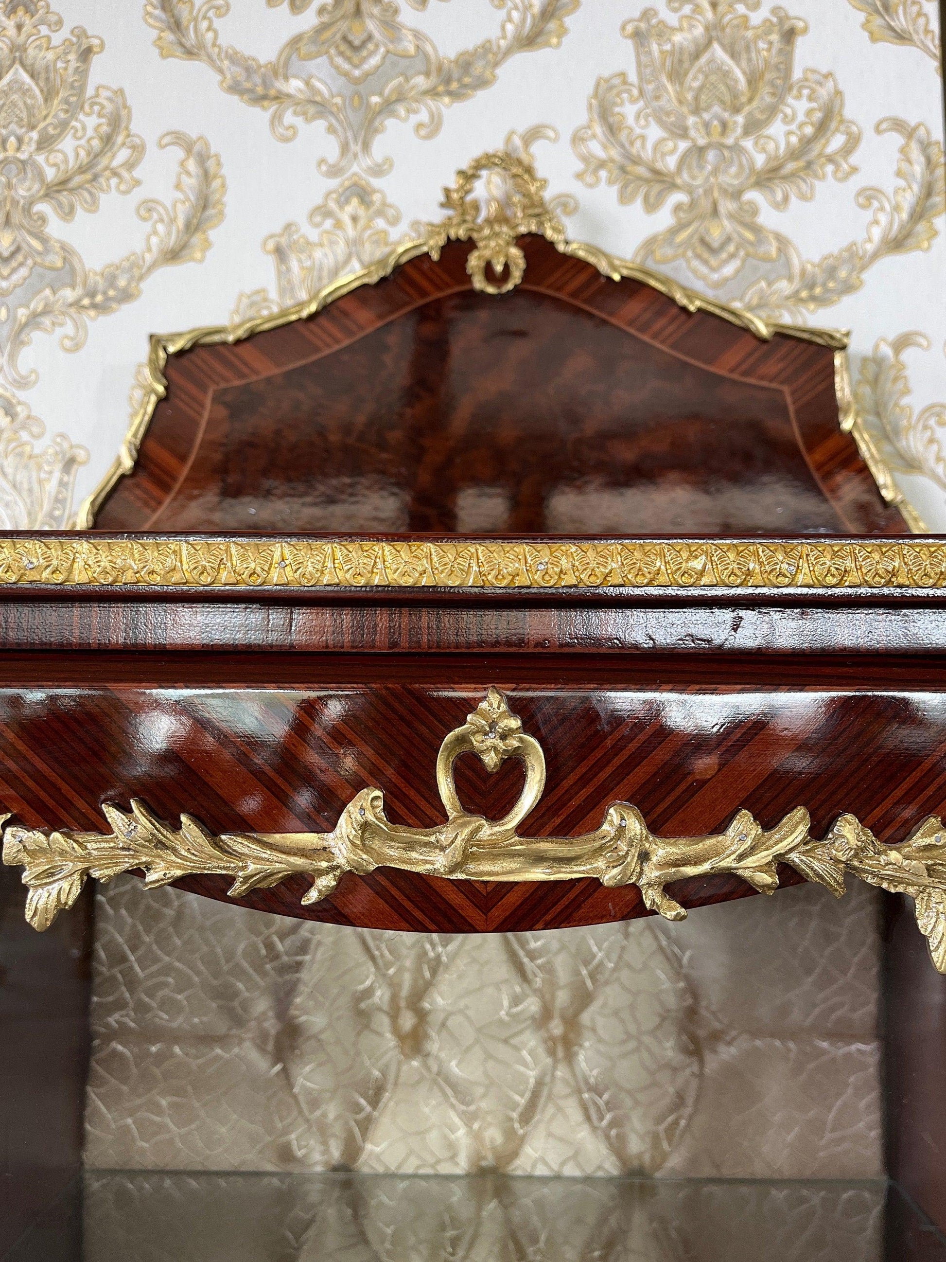 Display Cabinet French Louis Showcase for Dining Room Decor Glossy Brown Retro Baroque Cabinet with Brass Ornaments for New Home Decor