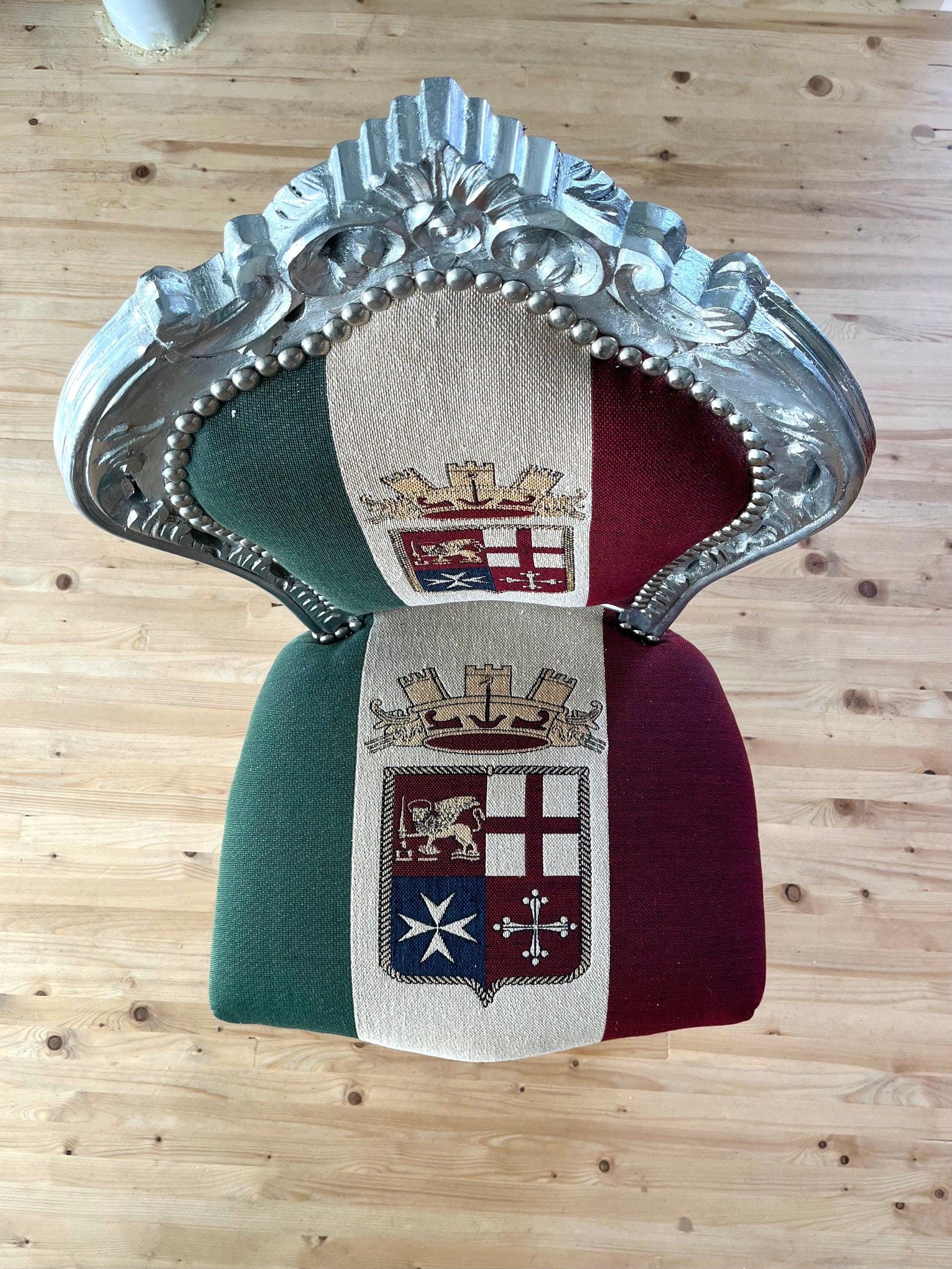 Accent Chair French Louis XV Style in Italian Flag Naval Crown Chair Retro Baroque Antique Style in Sliver Finish