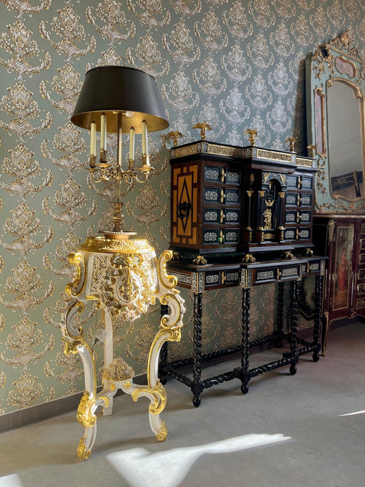 Deluxe Column French Baroque Style with Marble Slab Top Royal Home Decor Column in Gold Finish and Beige Marble