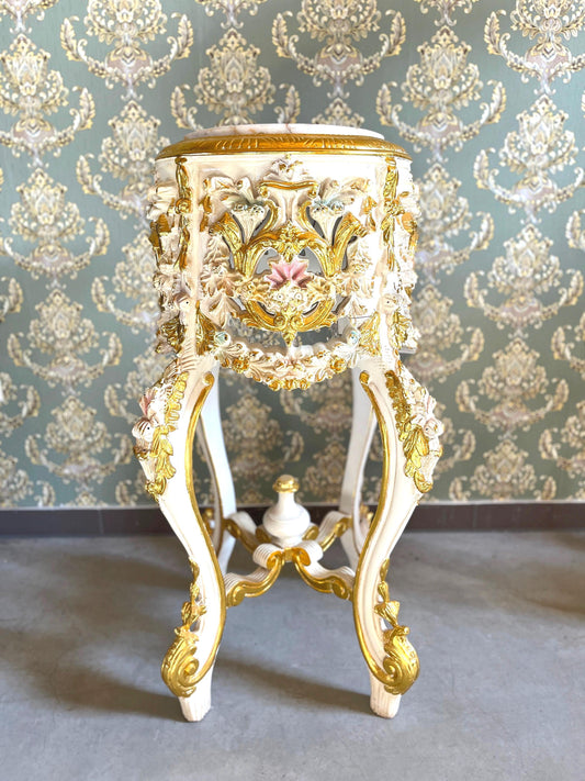 Deluxe Column White Color French Baroque Style with Marble Slab Top Royal Home Decor Column in Gold Finish for Home