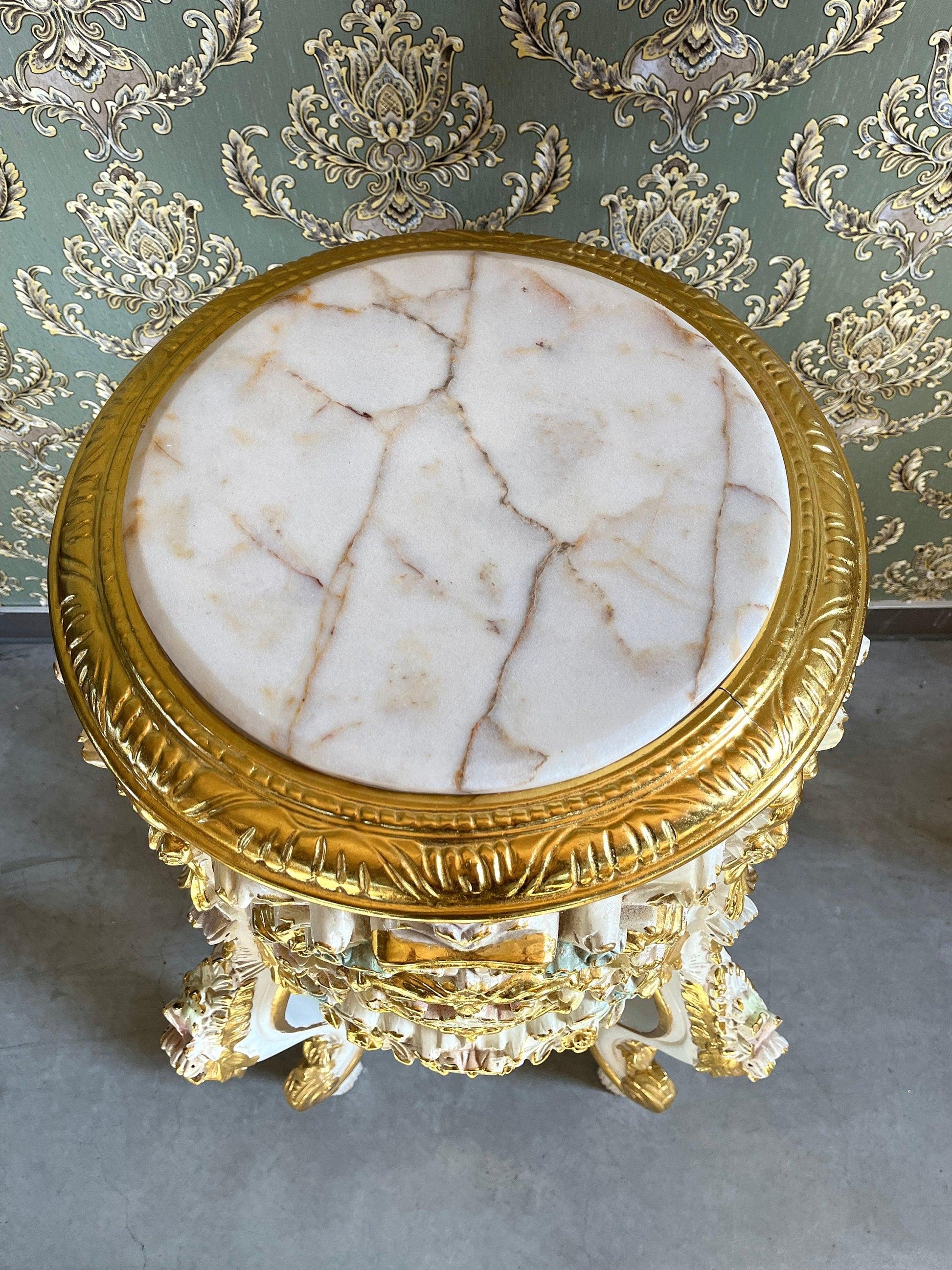 Deluxe Column White Color French Baroque Style with Marble Slab Top Royal Home Decor Column in Gold Finish for Home