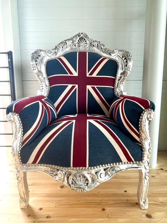 Armchair French Baroque Rococo Style in Silver Finish Union Jack Sofa Chair Italian Antique Style Union Jack for Living Room