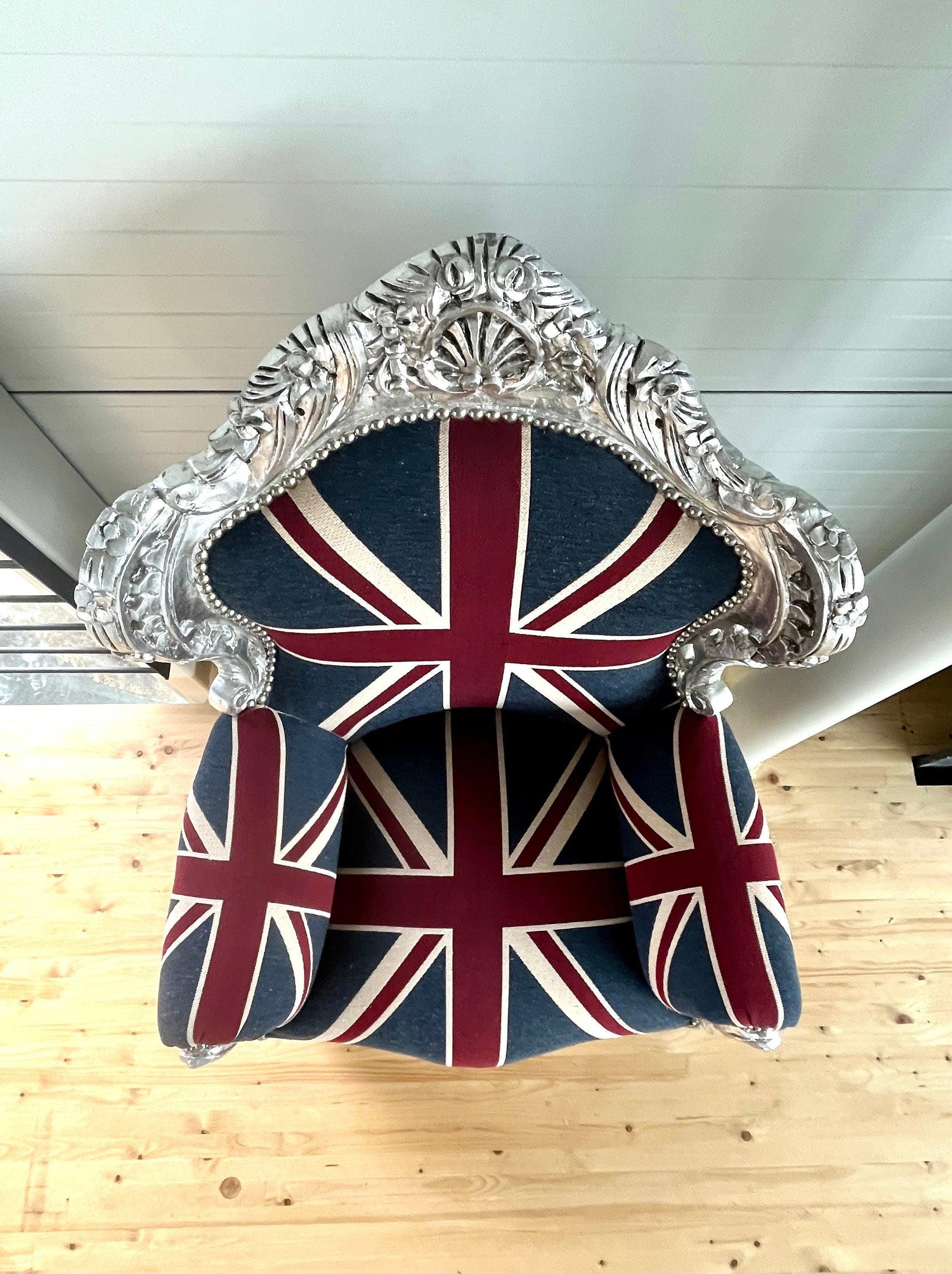Armchair French Baroque Rococo Style in Silver Finish Union Jack Sofa Chair Italian Antique Style Union Jack for Living Room