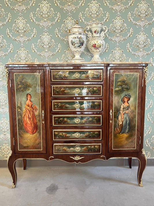Wall Cabinet Antique Baroque Style Oil Painting Handpainted in front Retro French Cupboard with Marble Slab Top Noble Piece for Home Decor