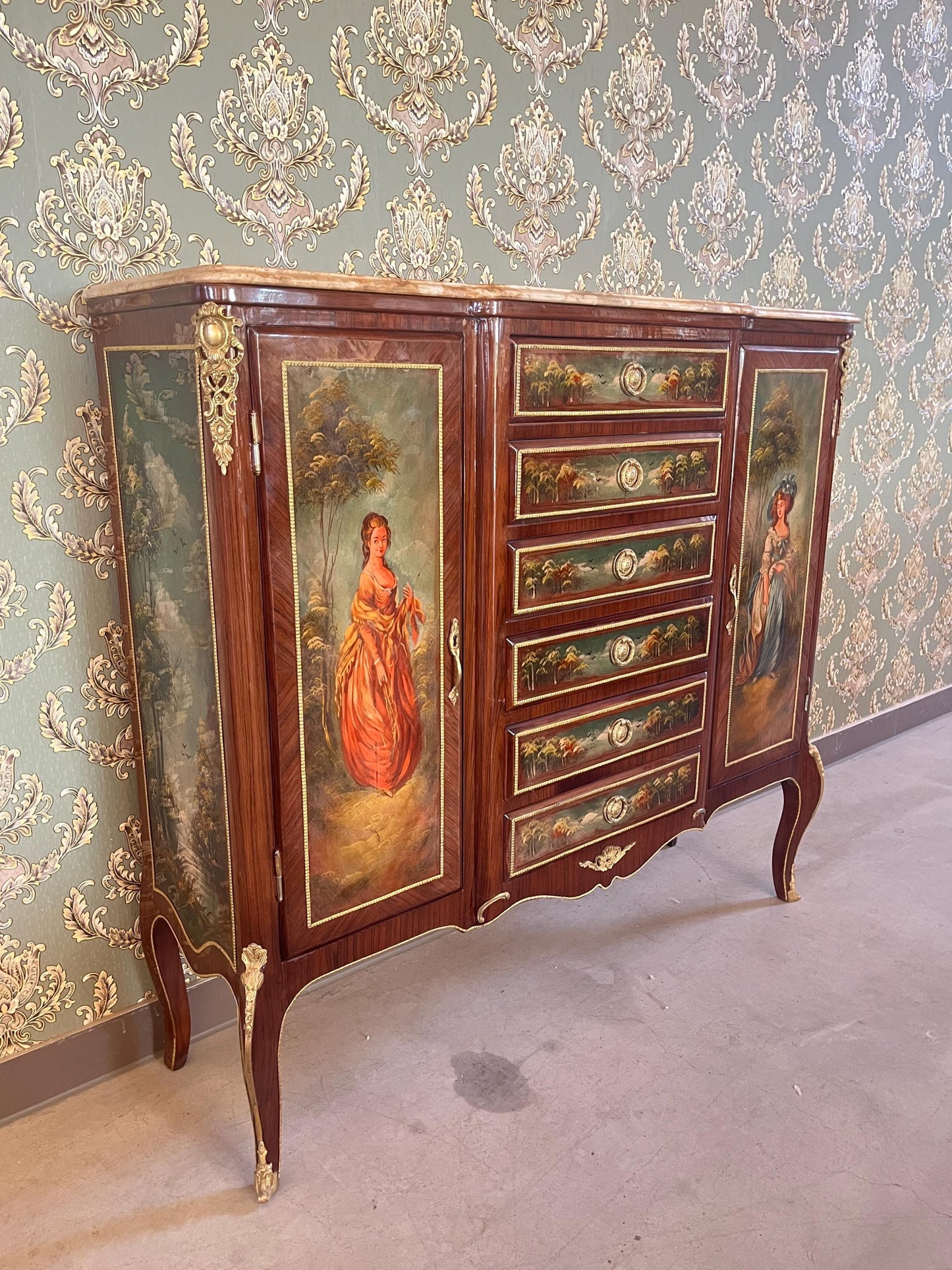 Wall Cabinet Antique Baroque Style Oil Painting Handpainted in front Retro French Cupboard with Marble Slab Top Noble Piece for Home Decor