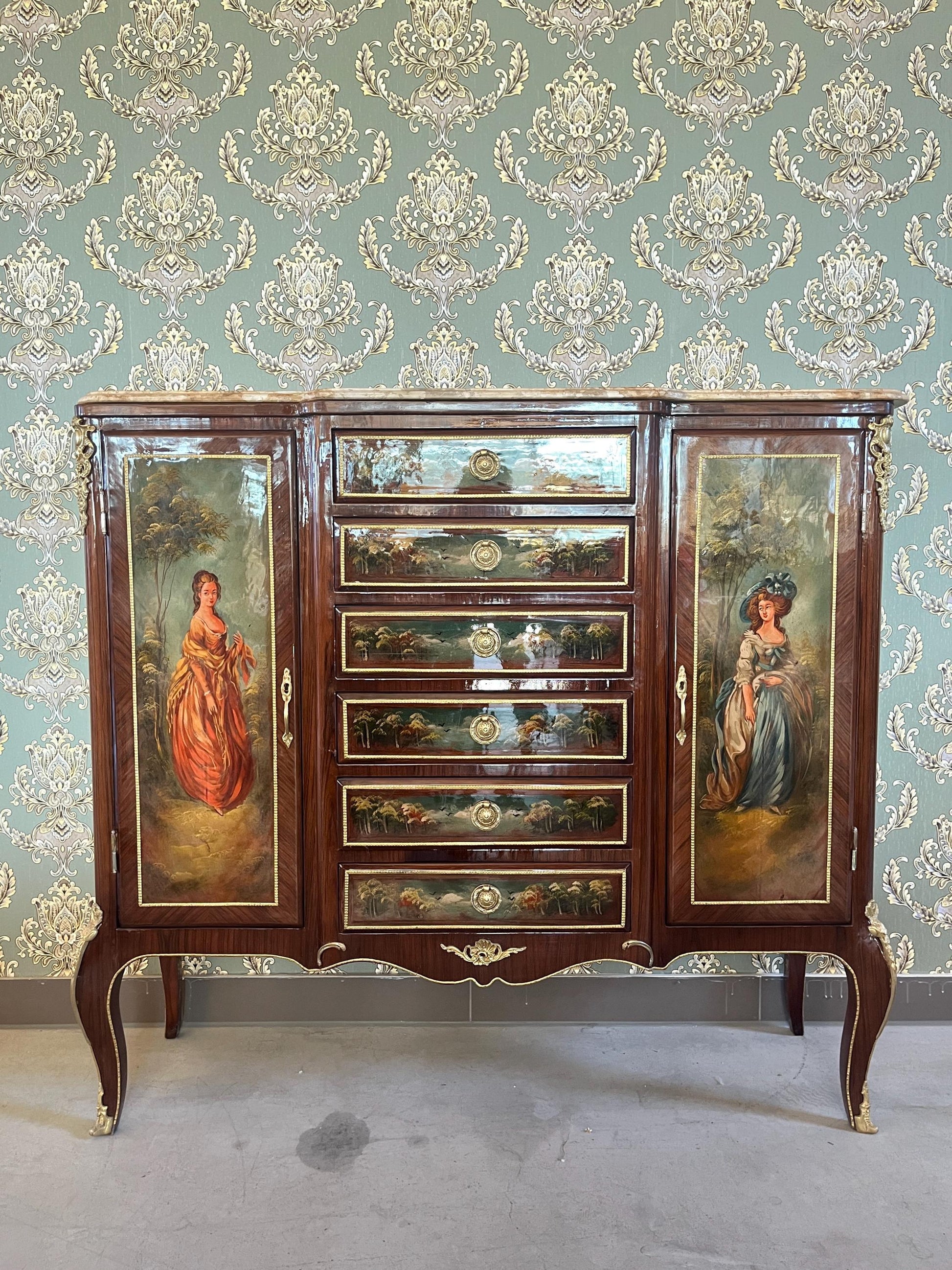 Wall Cabinet Antique Baroque Style Oil Painting Handpainted in front Retro French Cupboard with Marble Slab Top Noble Piece for Home Decor