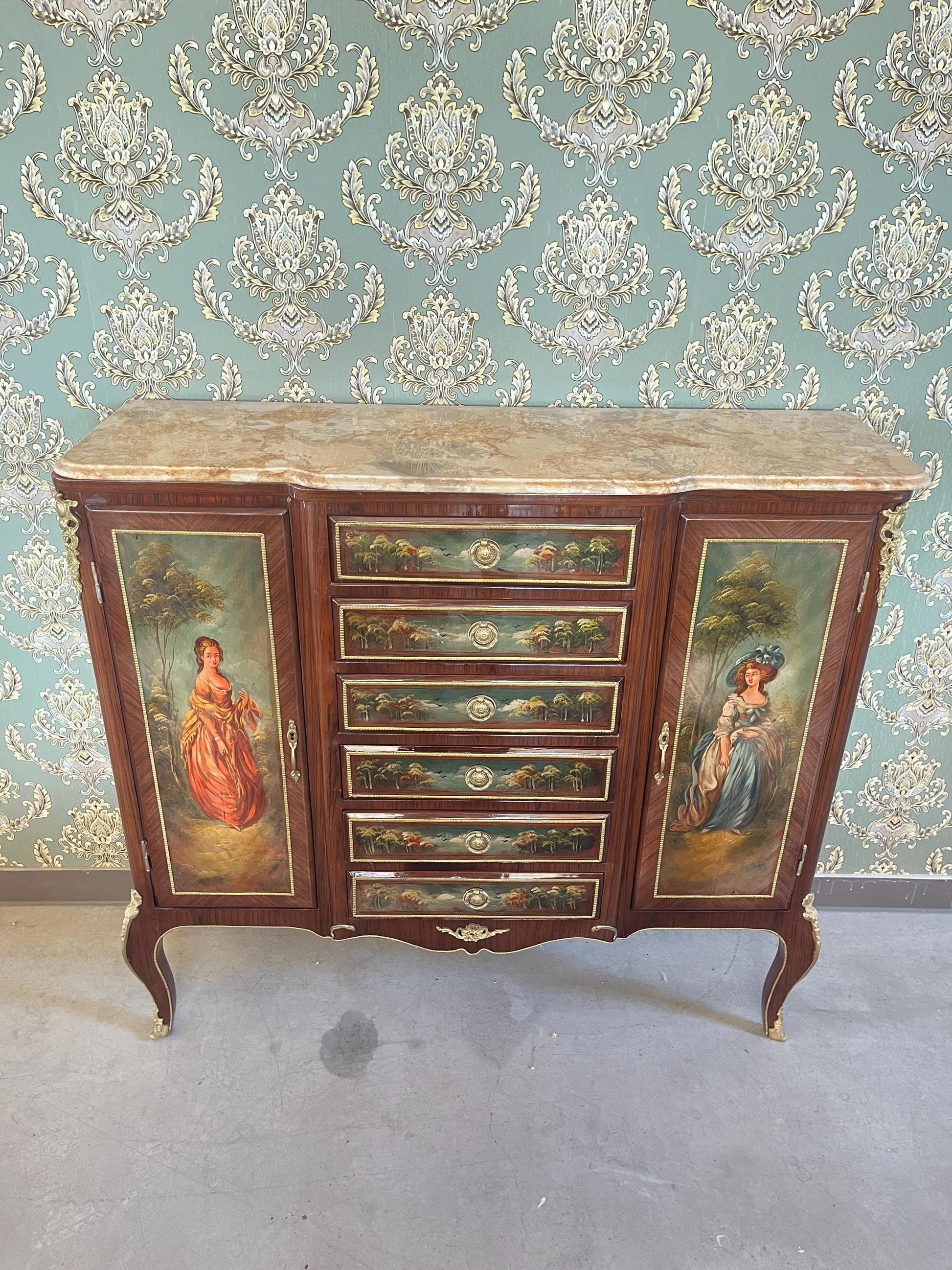 Wall Cabinet Antique Baroque Style Oil Painting Handpainted in front Retro French Cupboard with Marble Slab Top Noble Piece for Home Decor
