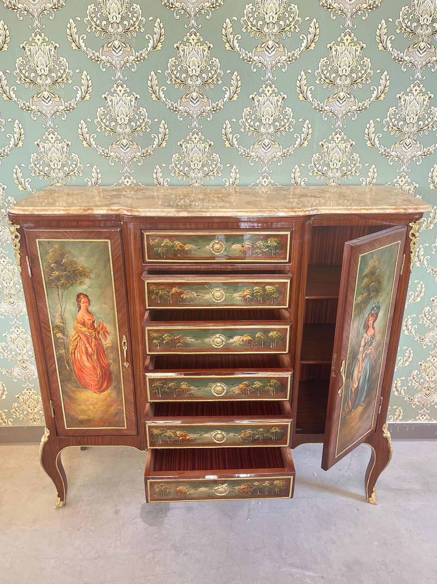 Wall Cabinet Antique Baroque Style Oil Painting Handpainted in front Retro French Cupboard with Marble Slab Top Noble Piece for Home Decor