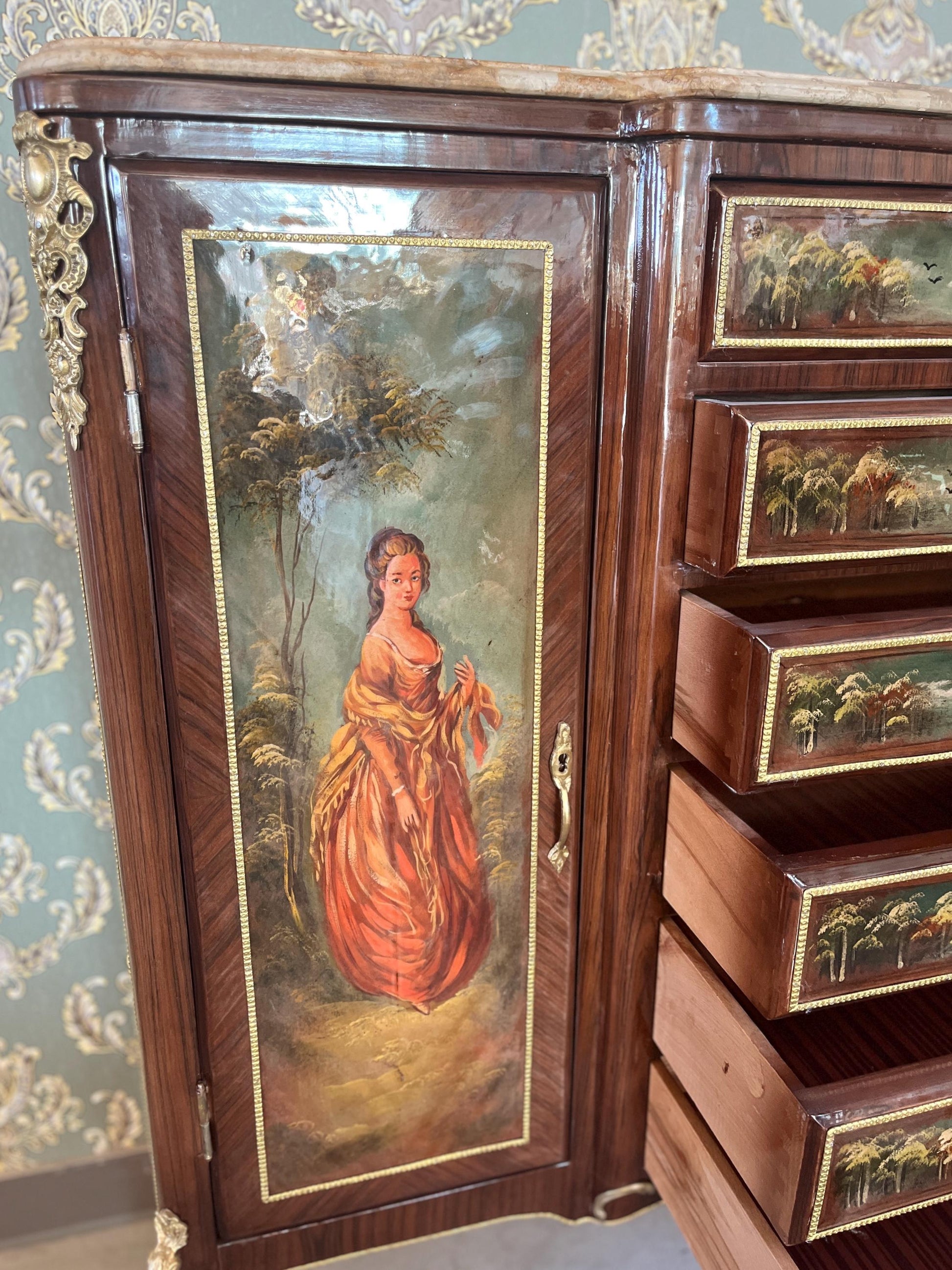 Wall Cabinet Antique Baroque Style Oil Painting Handpainted in front Retro French Cupboard with Marble Slab Top Noble Piece for Home Decor