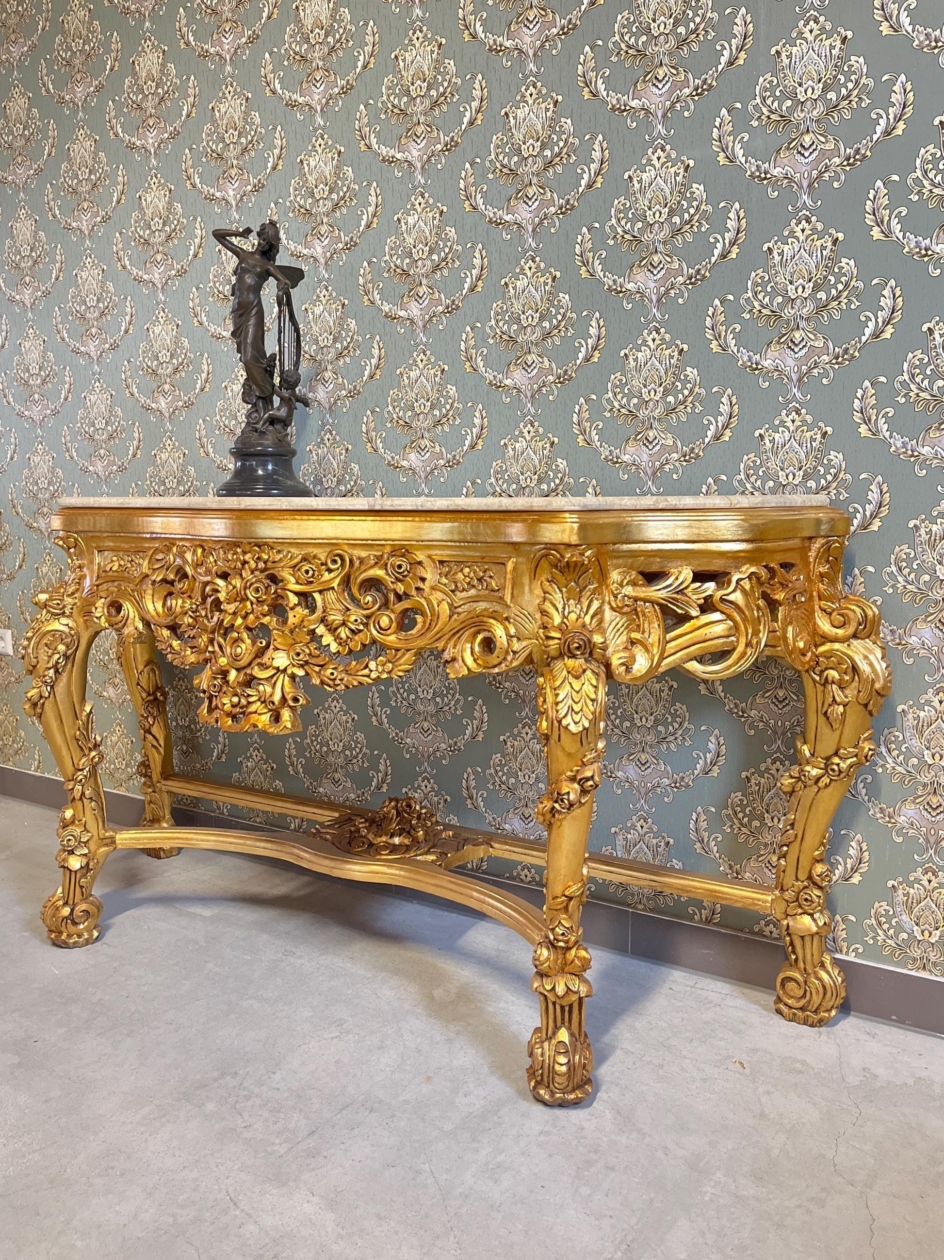 Console Table French Antique Style in Solid Wood Brown and Marble Slab Top Table Retro Baroque Style Gorgeous for Home Decor