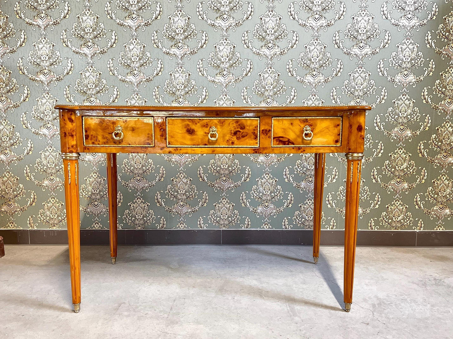 Luxury Desk Antique Baroque Style Writing Table 3 Drawers Handmade Desk Italian Style Bronze Handles in Yellow Wooden Veneer-LIMITED EDITION