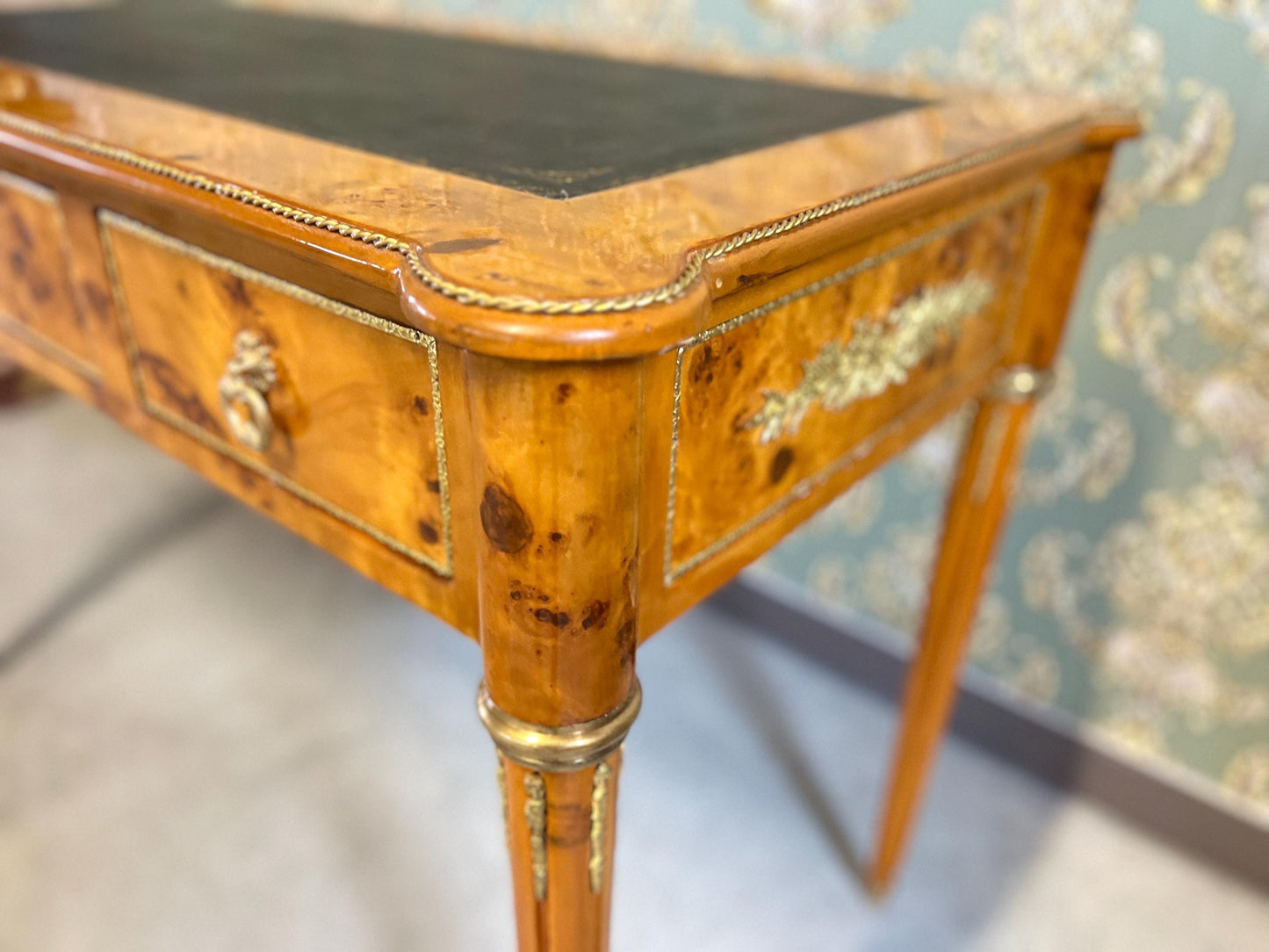 Luxury Desk Antique Baroque Style Writing Table 3 Drawers Handmade Desk Italian Style Bronze Handles in Yellow Wooden Veneer-LIMITED EDITION