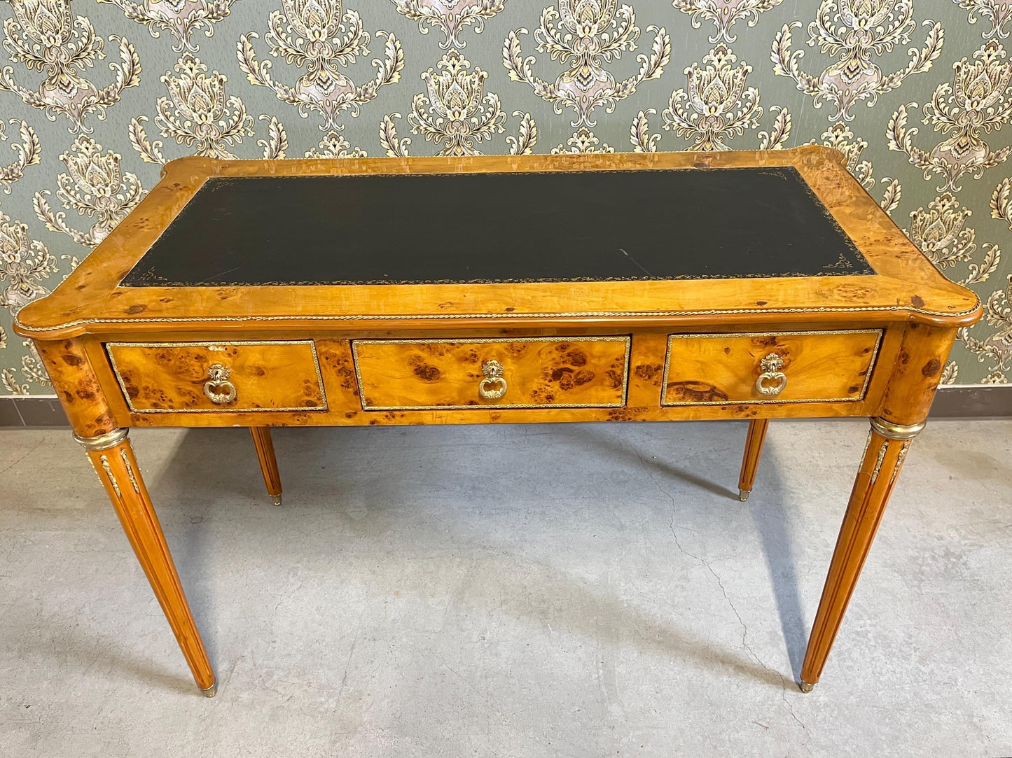 Luxury Desk Antique Baroque Style Writing Table 3 Drawers Handmade Desk Italian Style Bronze Handles in Yellow Wooden Veneer-LIMITED EDITION