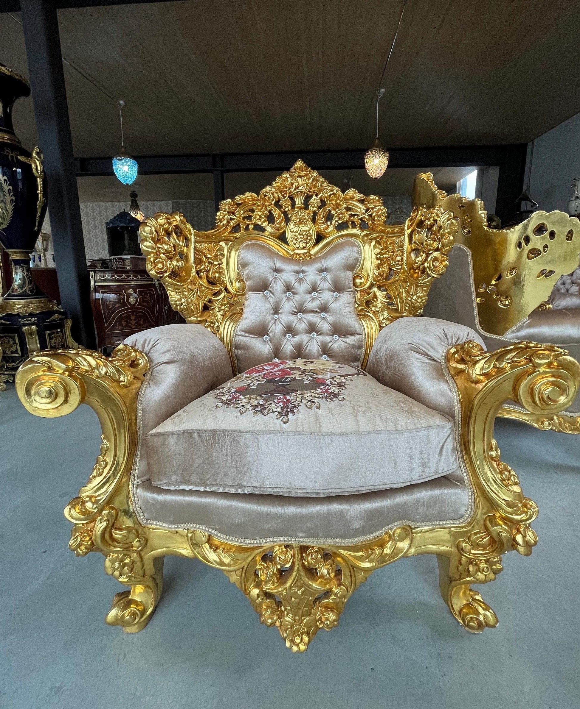 Imperial Sofa Set Royal King Sofa Set French Rococo Sofa Suite Brown Velvet Couch Set Gold Finish for Luxurious Home for Hotel Lobby Decor