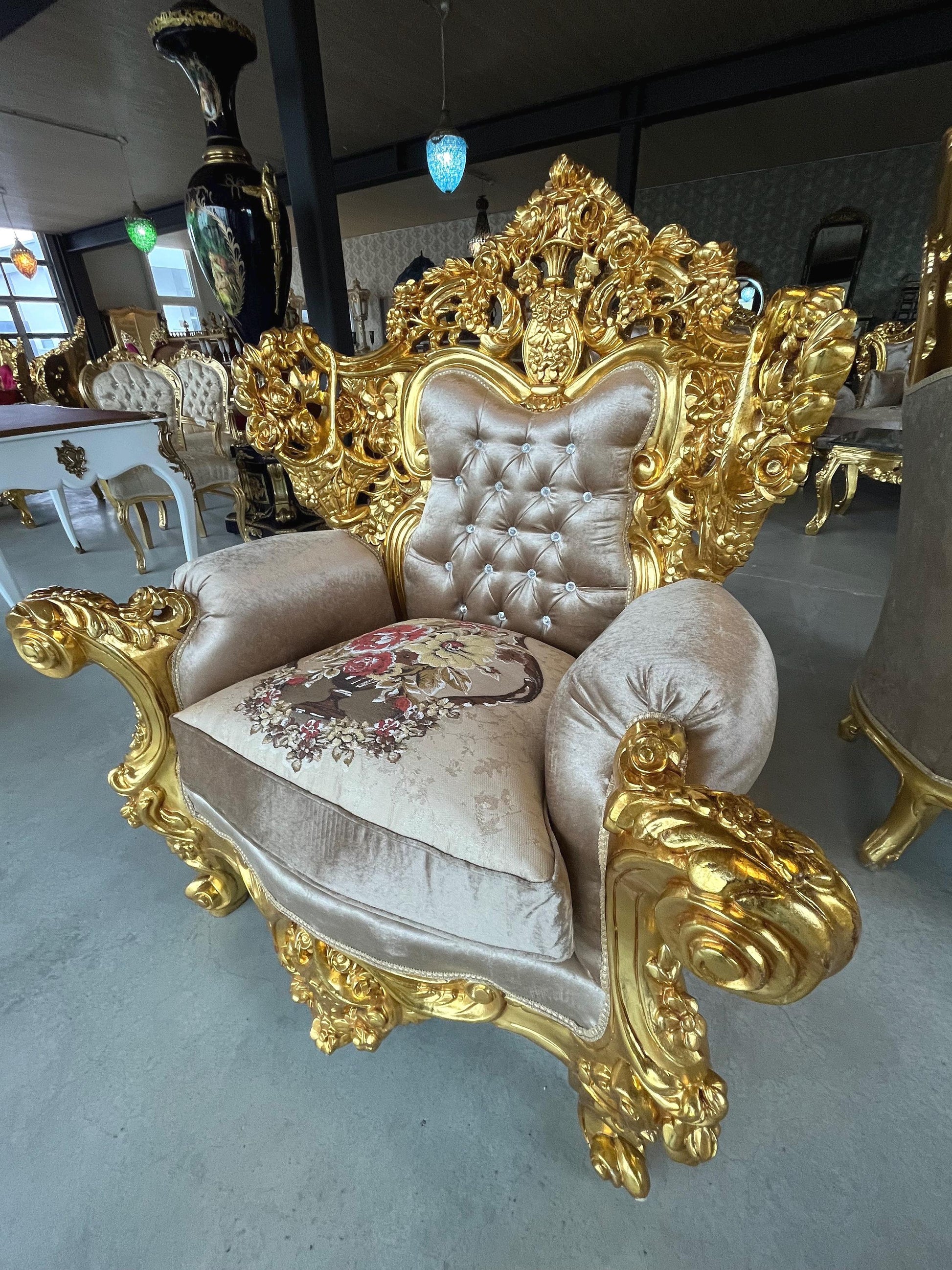 Imperial Sofa Set Royal King Sofa Set French Rococo Sofa Suite Brown Velvet Couch Set Gold Finish for Luxurious Home for Hotel Lobby Decor