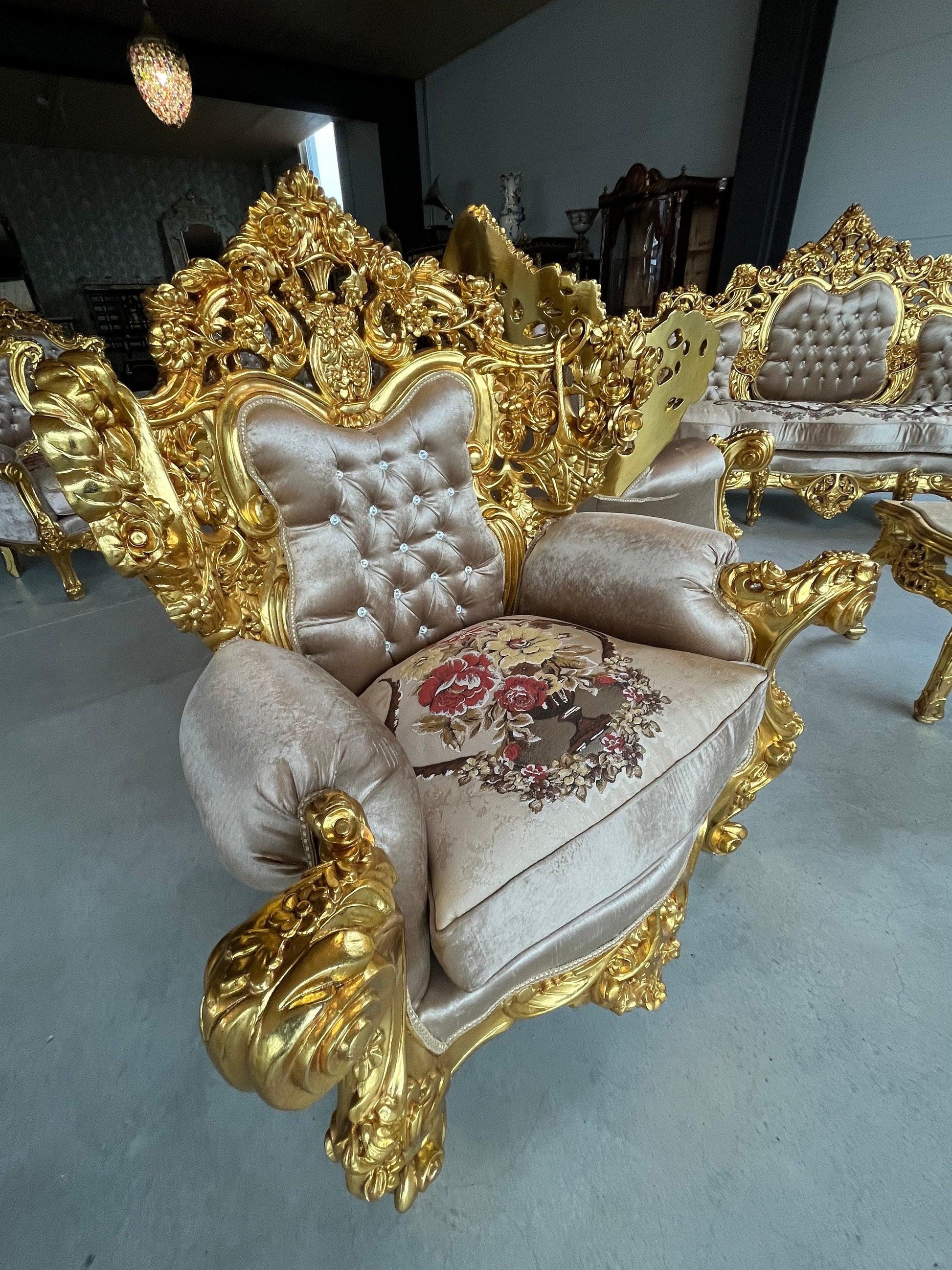 Imperial Sofa Set Royal King Sofa Set French Rococo Sofa Suite Brown Velvet Couch Set Gold Finish for Luxurious Home for Hotel Lobby Decor