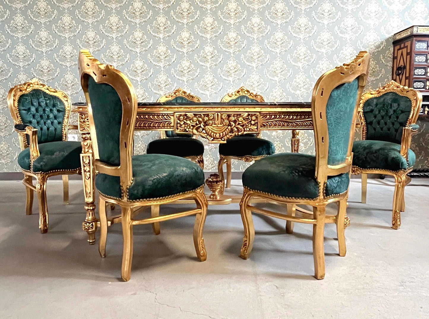 Royal French Style Dining Set Antique Baroque Rococo Style 6 Chairs & Dining Table in Gold Finish Green Marble Antique Gold for Home Décor