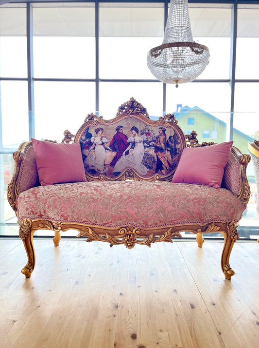 Love Seat French Louis Style Couch Royal Baroque Bench for Home Decor Italian Baroque Style Sofa in Pink Velvet Damask for Loung Room Decor