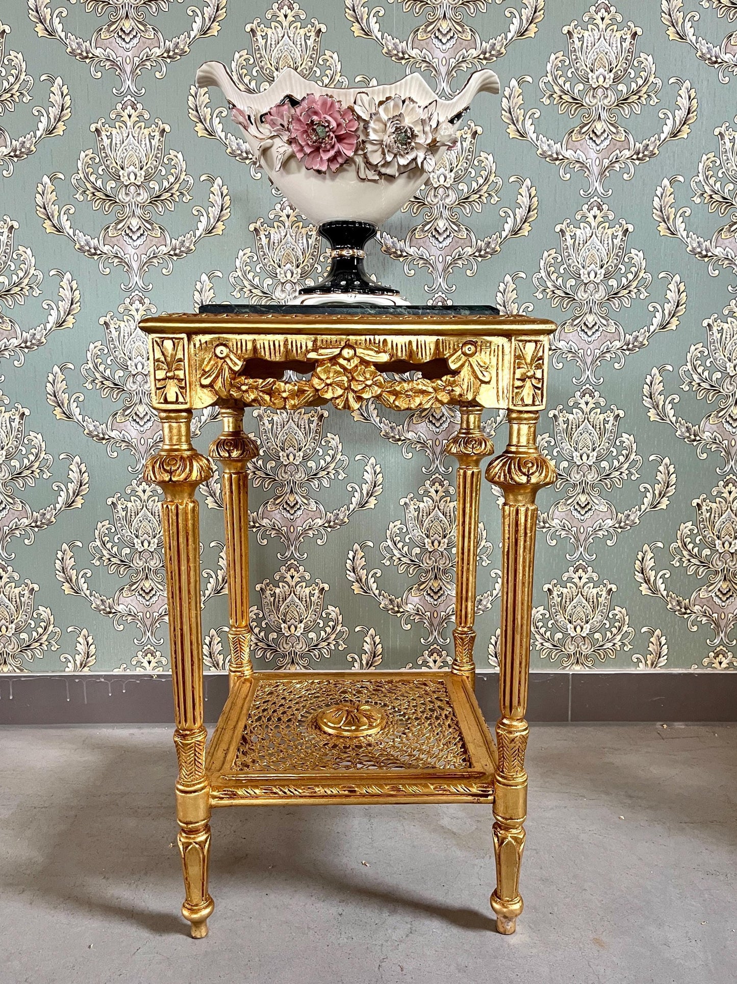 Square Side Table Marble Top Retro French Style End Table Gold Finish Barqoue Rococo Style in Greenish Marble or White Frame in Black Marble