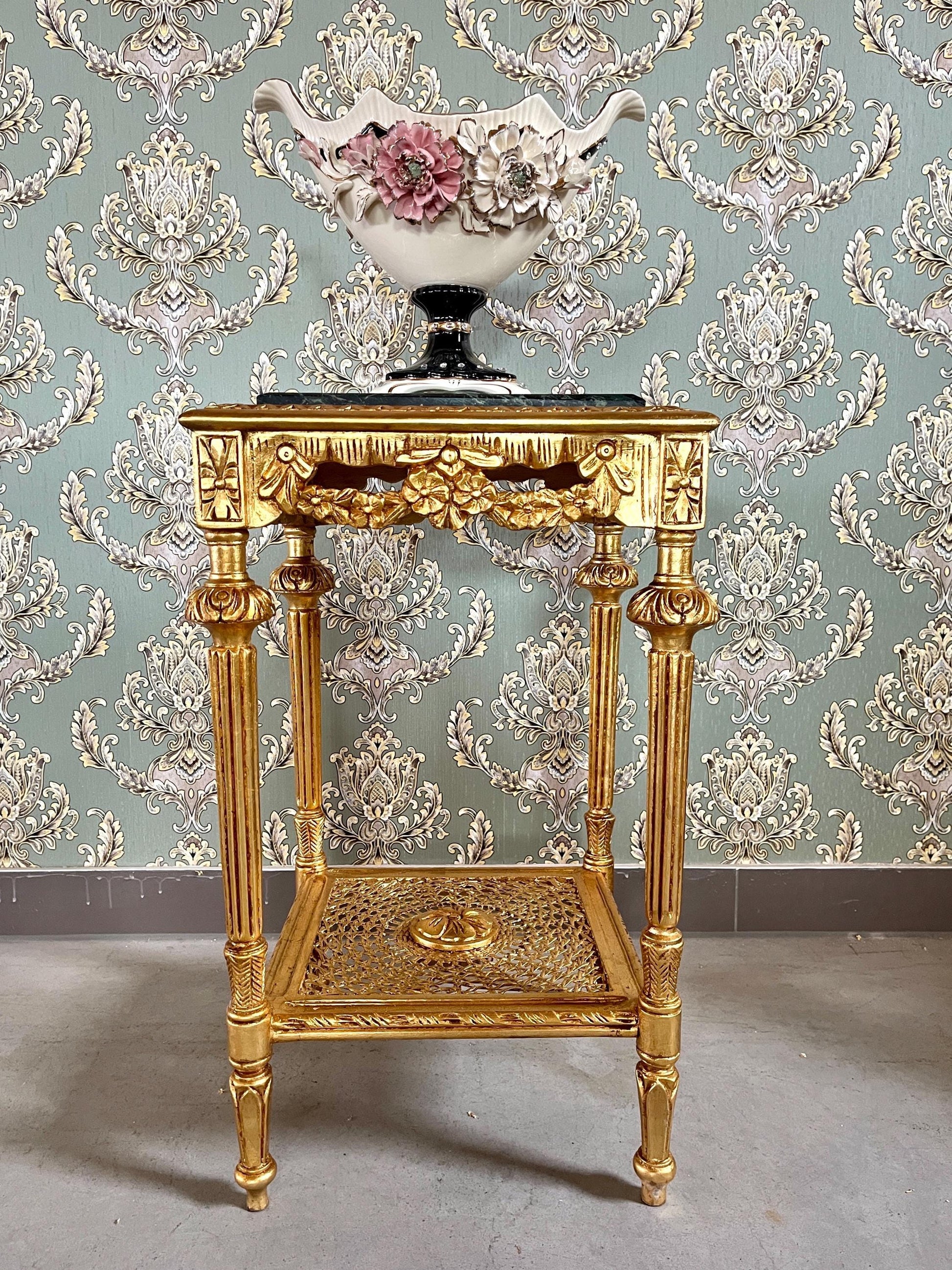 Square Side Table Marble Top Retro French Style End Table Gold Finish Barqoue Rococo Style in Greenish Marble or White Frame in Black Marble