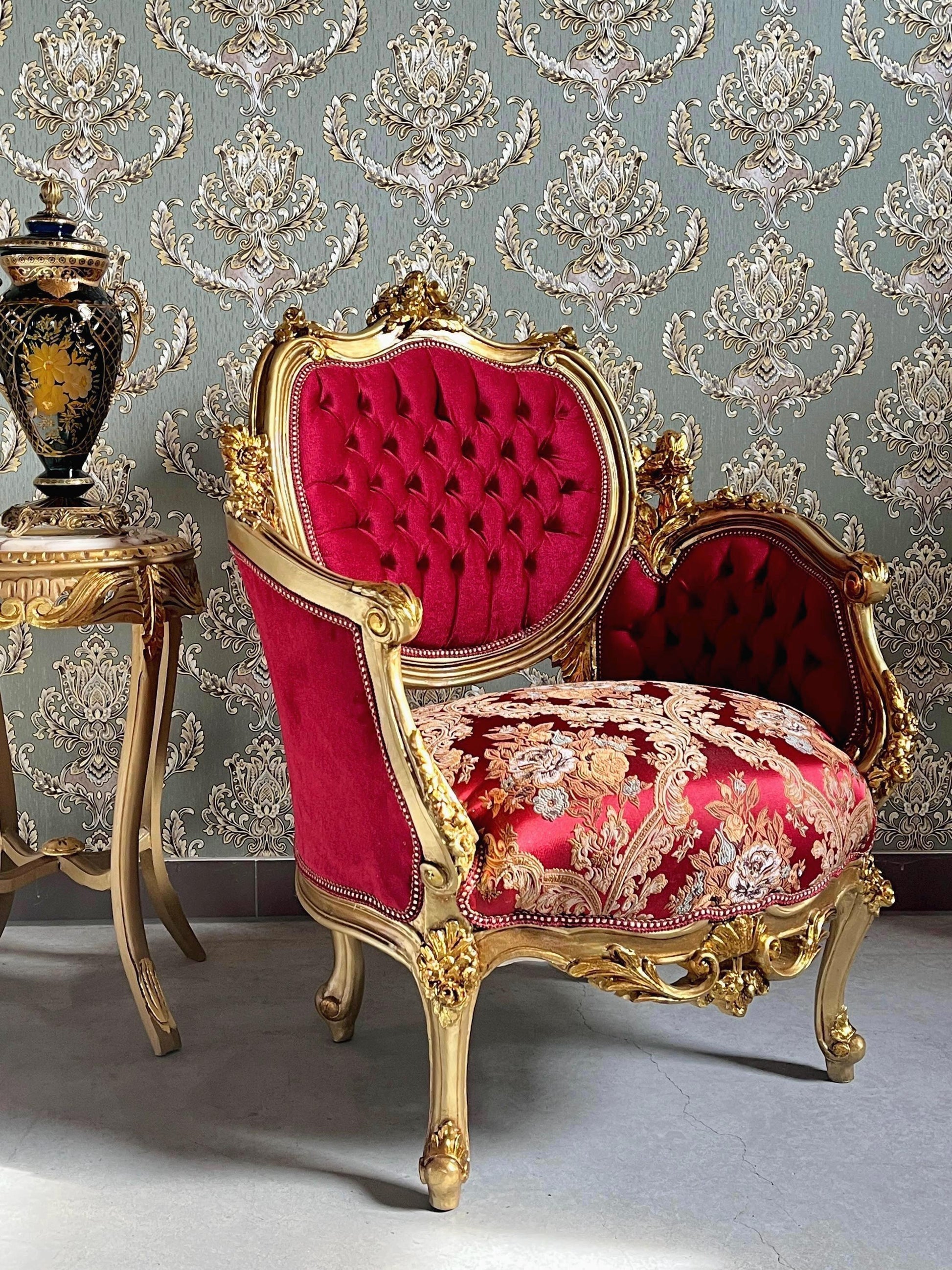 Armchair Antique Baroque Style in Bordeaux Red Lounge Chair in Gold Finish Retro Royal Style Armchair for Wedding Decor Chair or Lounge Room