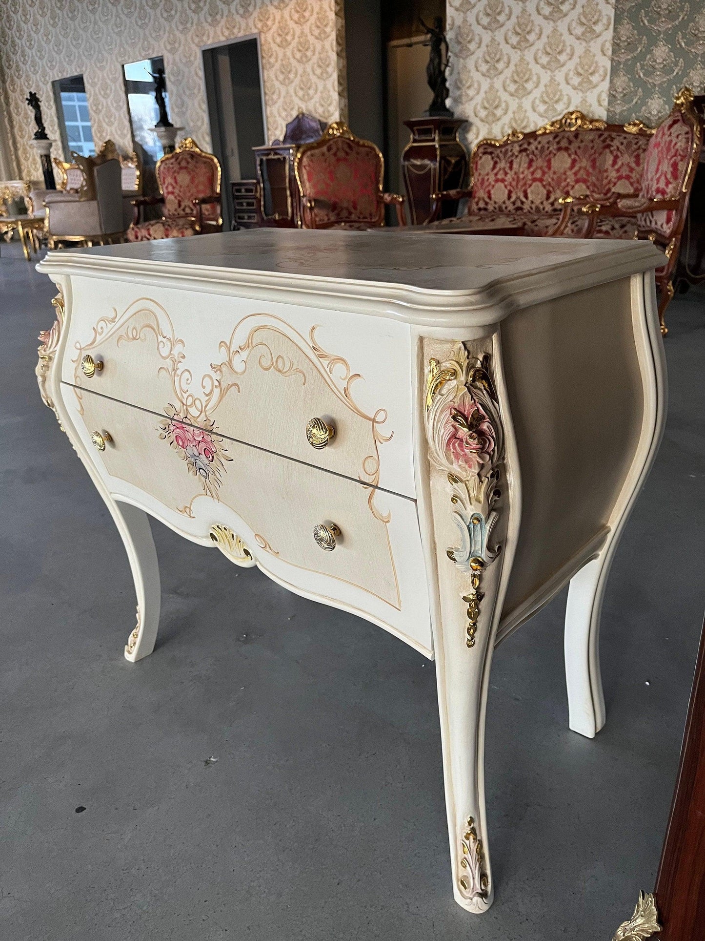 Chest of Drawer White Flower Painted French Baroque Style Dresser Home DecorBeige Color Chest of Drawer Italian Style Floral Paint for Home