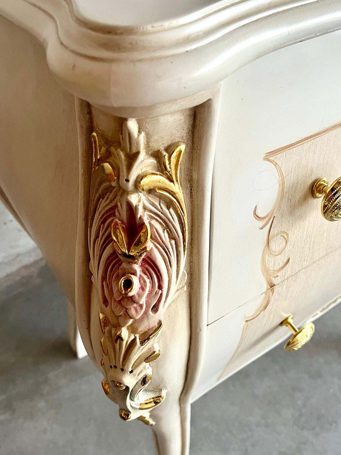 Chest of Drawer White Flower Painted French Baroque Style Dresser Home DecorBeige Color Chest of Drawer Italian Style Floral Paint for Home