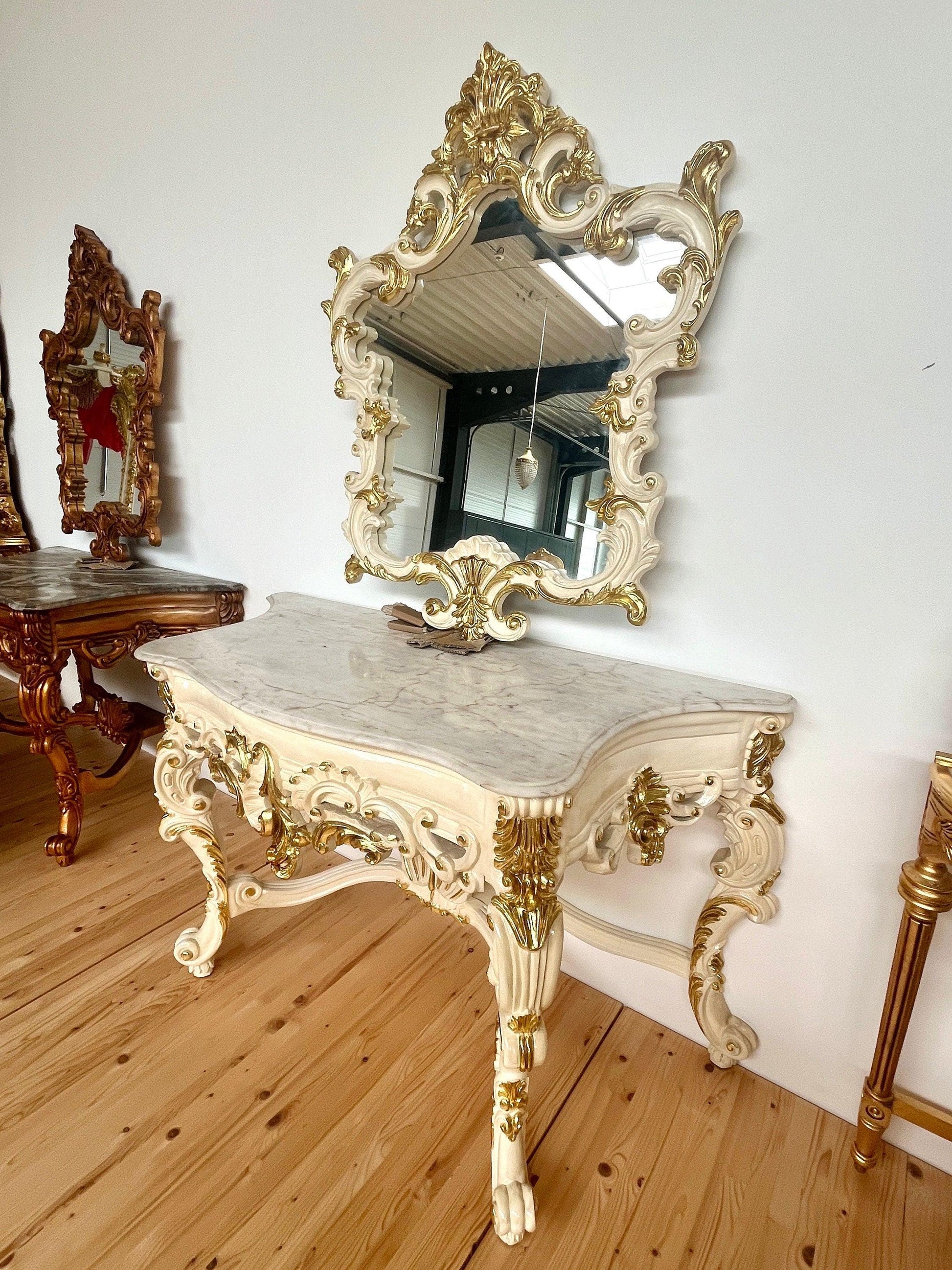 Console Table and Star Mirror French Antique Style with White Marble Top Console Table Baroque Rococo Style in Gold Finish for House Decor