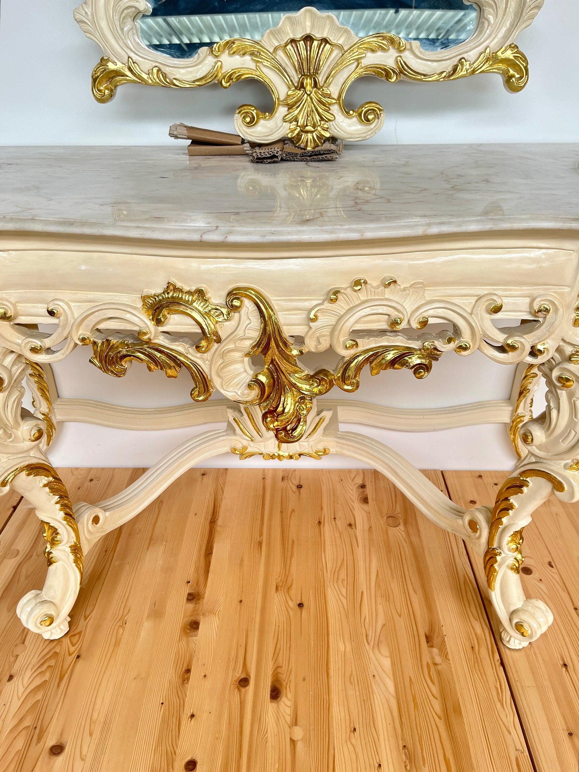 Console Table and Star Mirror French Antique Style with White Marble Top Console Table Baroque Rococo Style in Gold Finish for House Decor