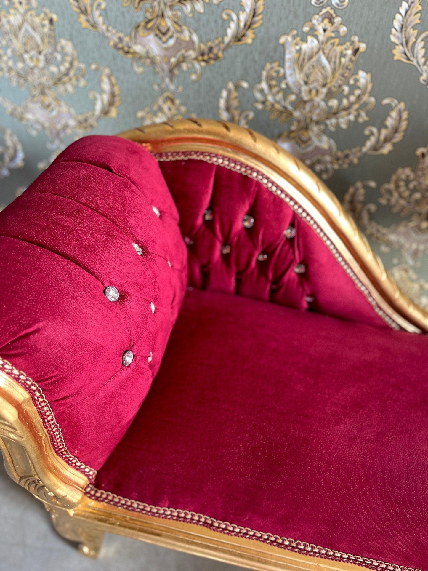 Small Bench Forest Green French Louis Style Small Longue Settee Velvet Red Retro Baroque Style Ottoman for Home Decor