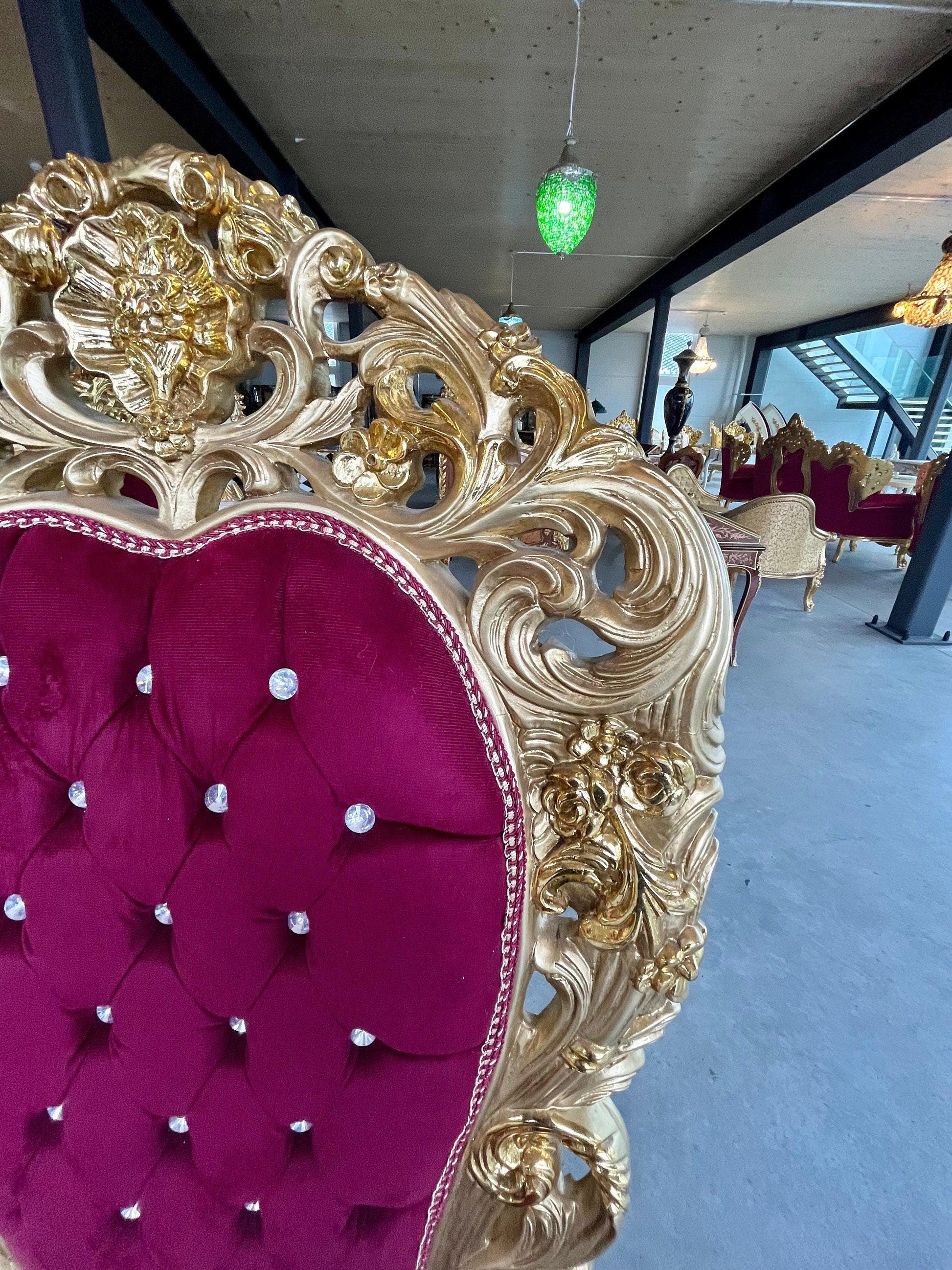 King Throne Red Deluxe Huge Armchair in Bordeaux Embroidery Seated Gold Finish