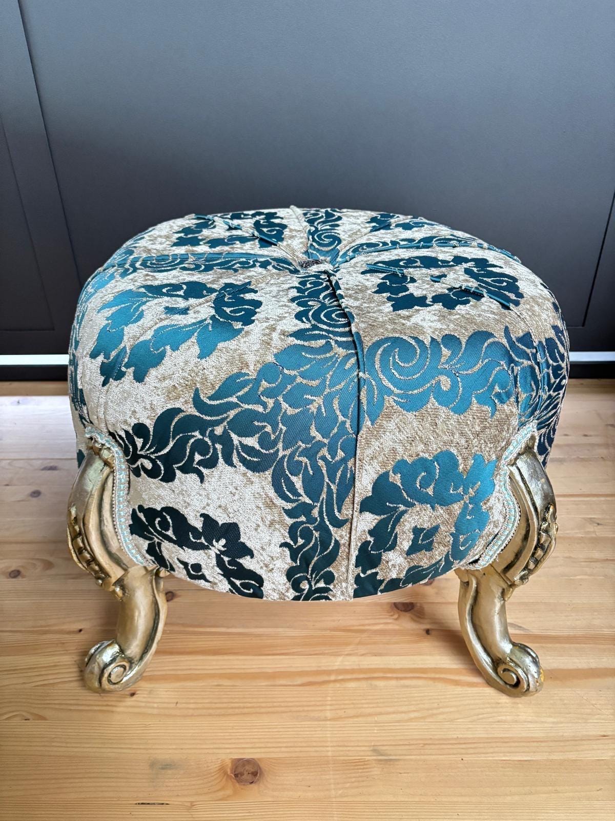 Round Pouf French Baroque Style Ottoman in Beige Velvet Floral, Handmade Ottoman Retro Baroque Style in Turquoise Blue Flower Pattern Decor