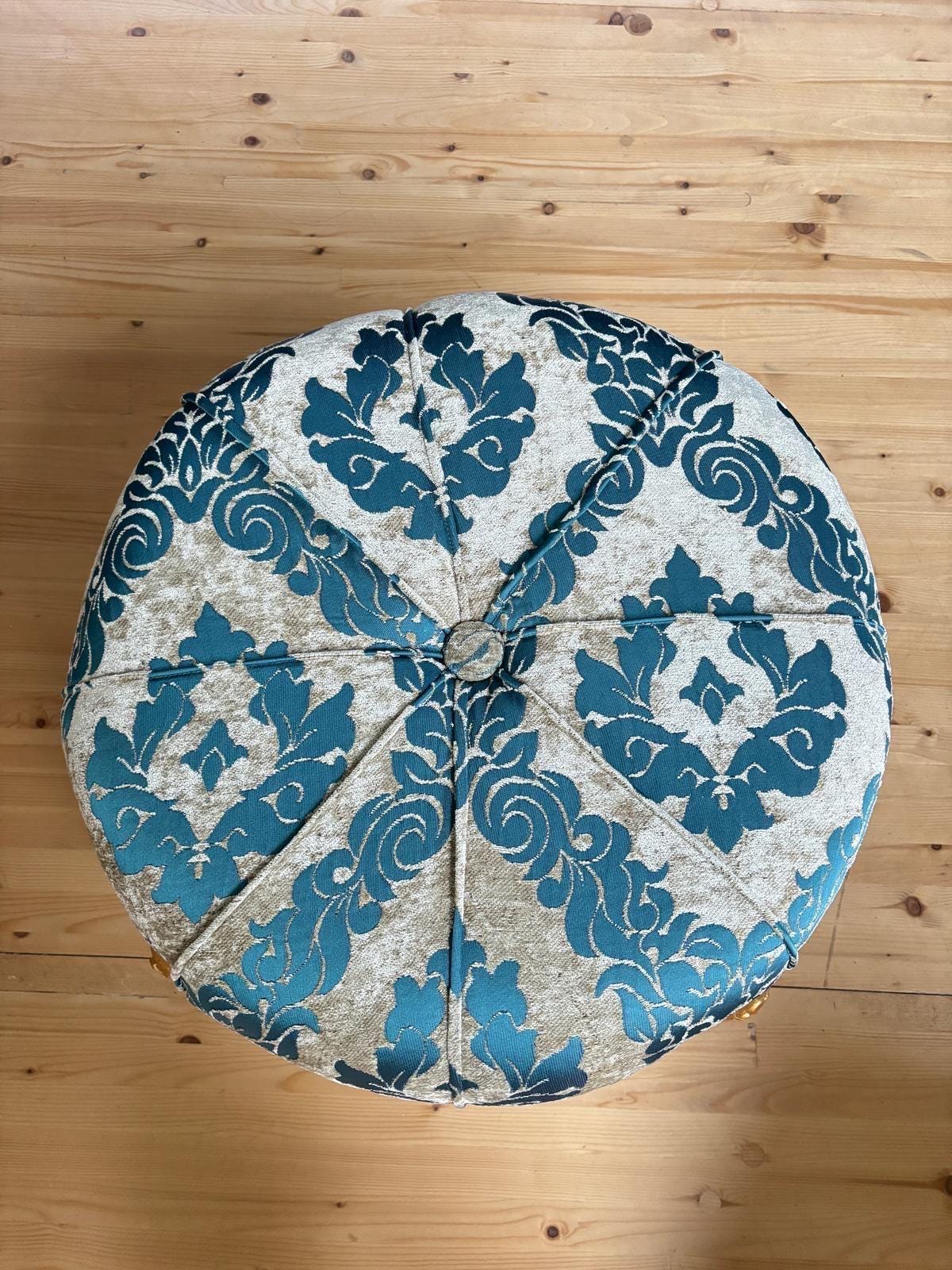 Round Pouf French Baroque Style Ottoman in Beige Velvet Floral, Handmade Ottoman Retro Baroque Style in Turquoise Blue Flower Pattern Decor