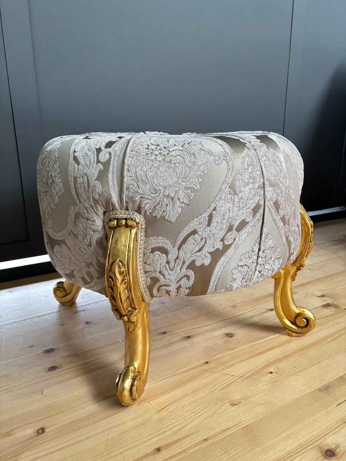 Round Pouf French Baroque Style Ottoman in Beige Velvet Floral, Handmade Ottoman Retro Baroque Style in Turquoise Blue Flower Pattern Decor