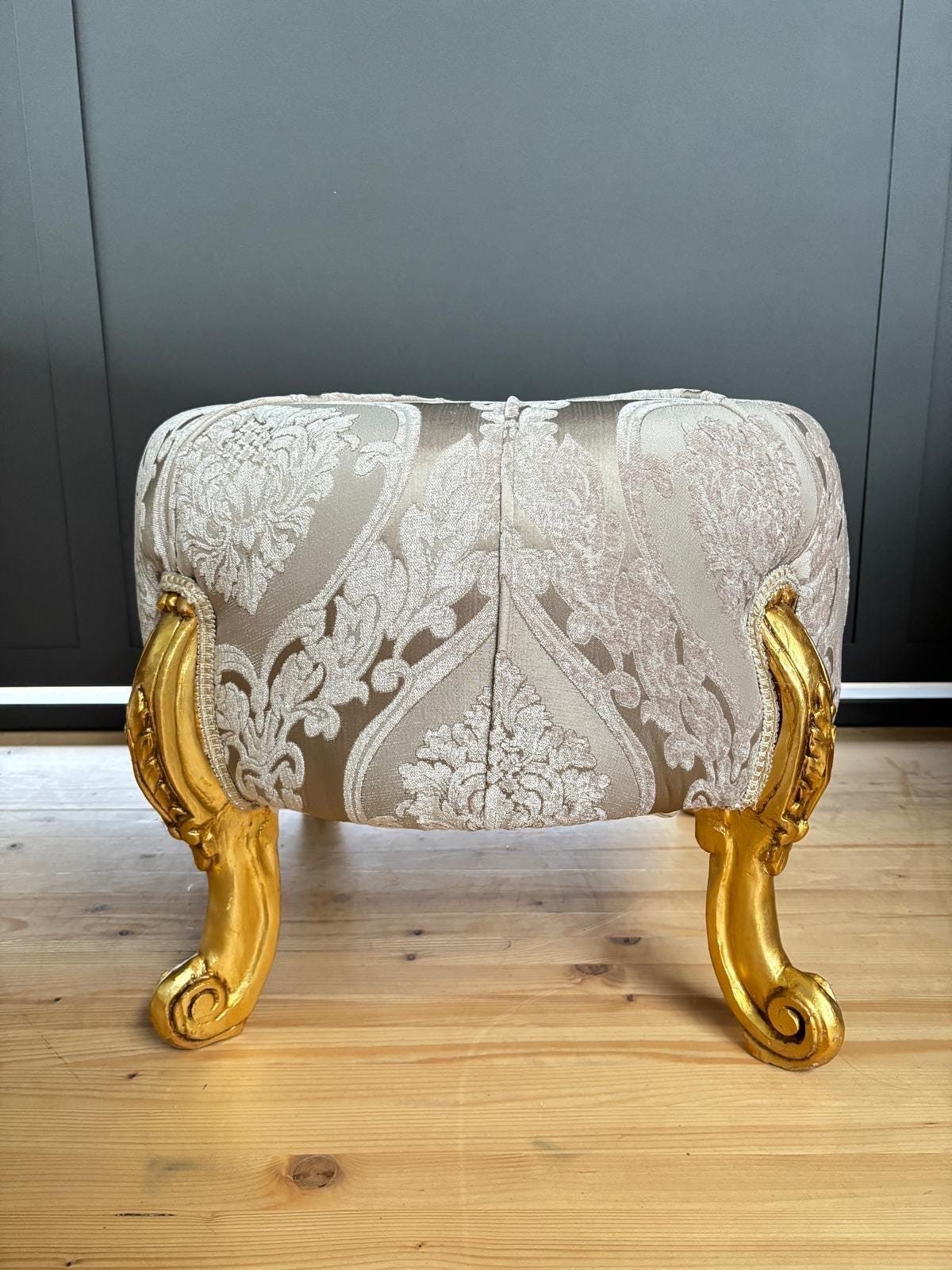 Round Pouf French Baroque Style Ottoman in Beige Velvet Floral, Handmade Ottoman Retro Baroque Style in Turquoise Blue Flower Pattern Decor