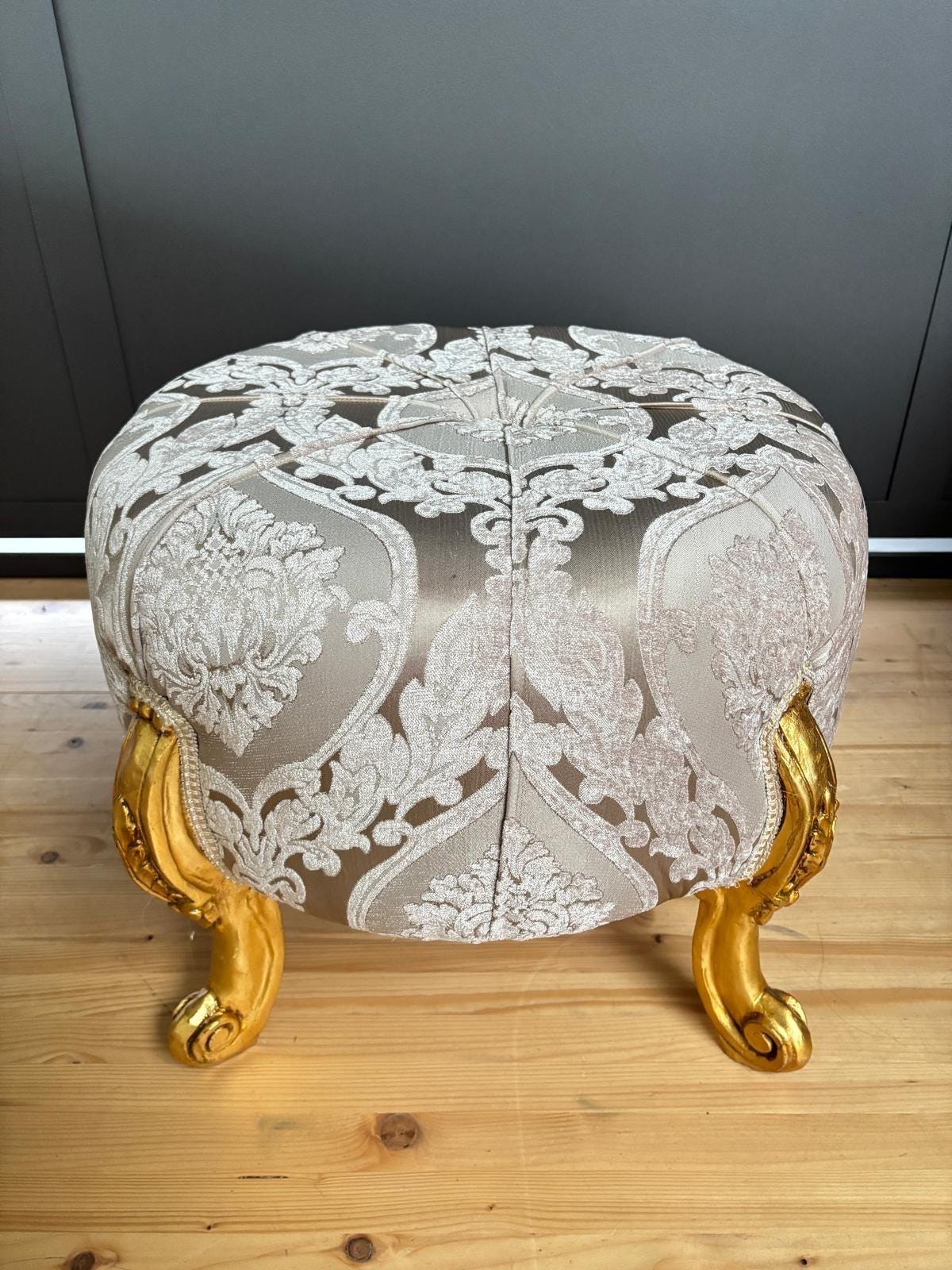 Round Pouf French Baroque Style Ottoman in Beige Velvet Floral, Handmade Ottoman Retro Baroque Style in Turquoise Blue Flower Pattern Decor