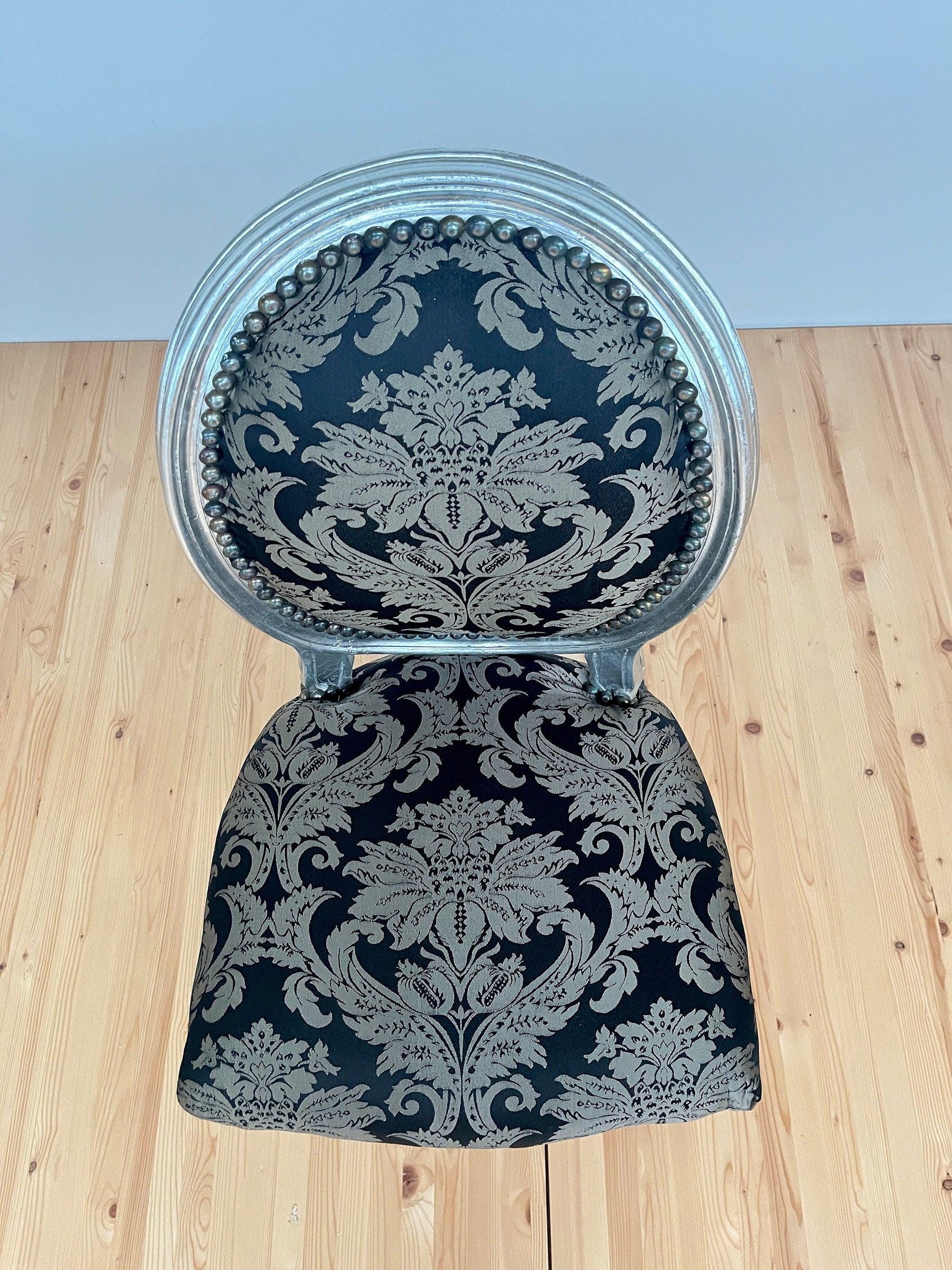 Chair Classic Baroque Style in Silver Black Pattern Dining Chair in Silver Finish for Home Decor