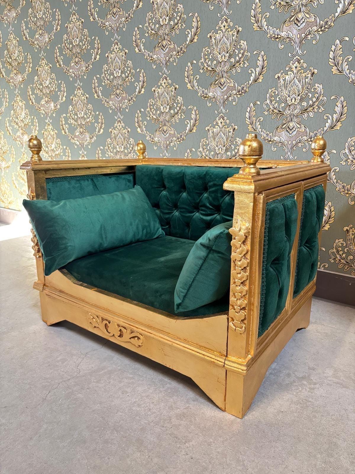 Pet Sofa Green Velvet French Baroque Style Cute Dog Couch Handmade in Hot Pink Velvet Gold Finish for Small Pet for Pet Lover