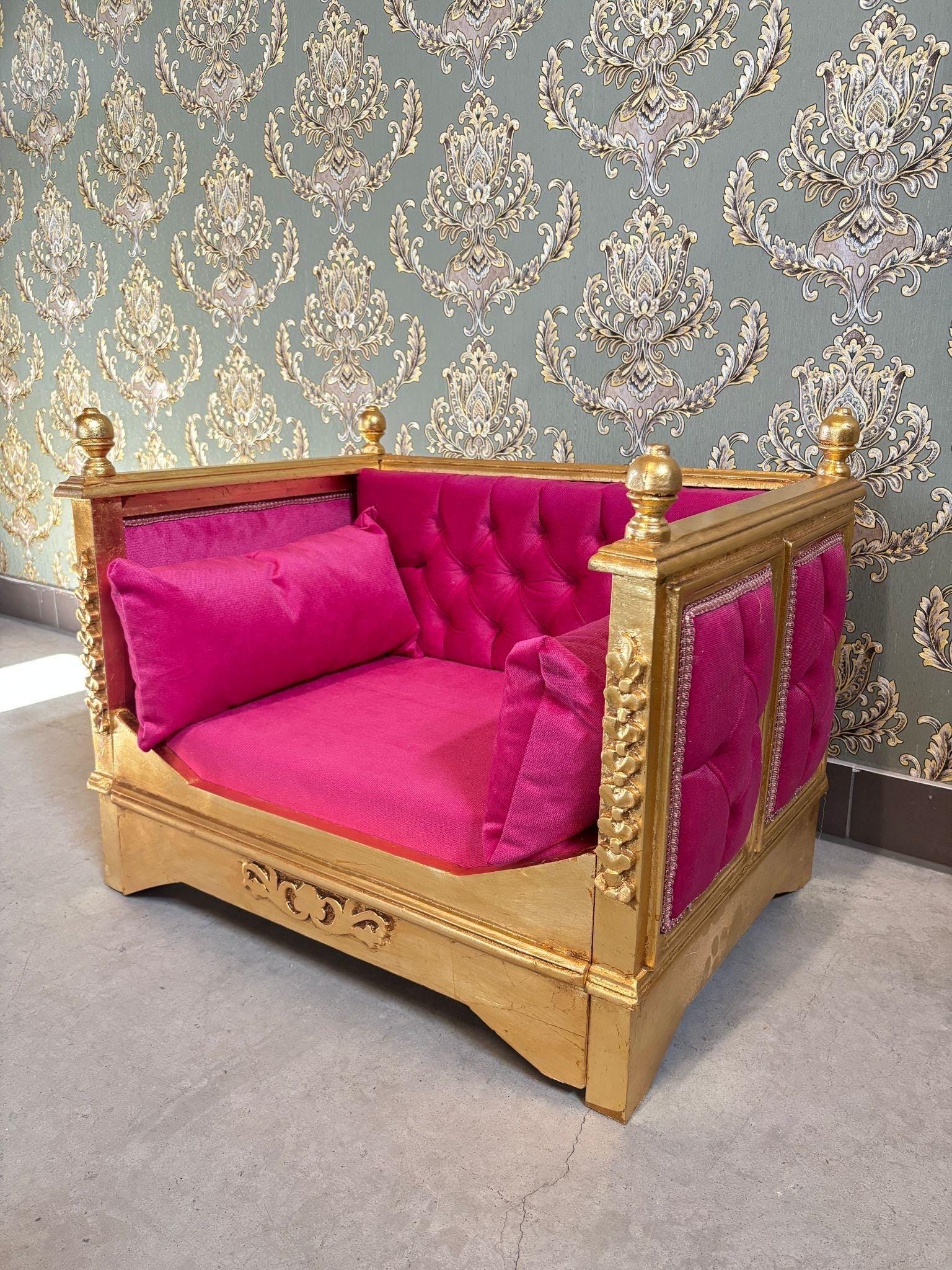 Pet Sofa Green Velvet French Baroque Style Cute Dog Couch Handmade in Hot Pink Velvet Gold Finish for Small Pet for Pet Lover