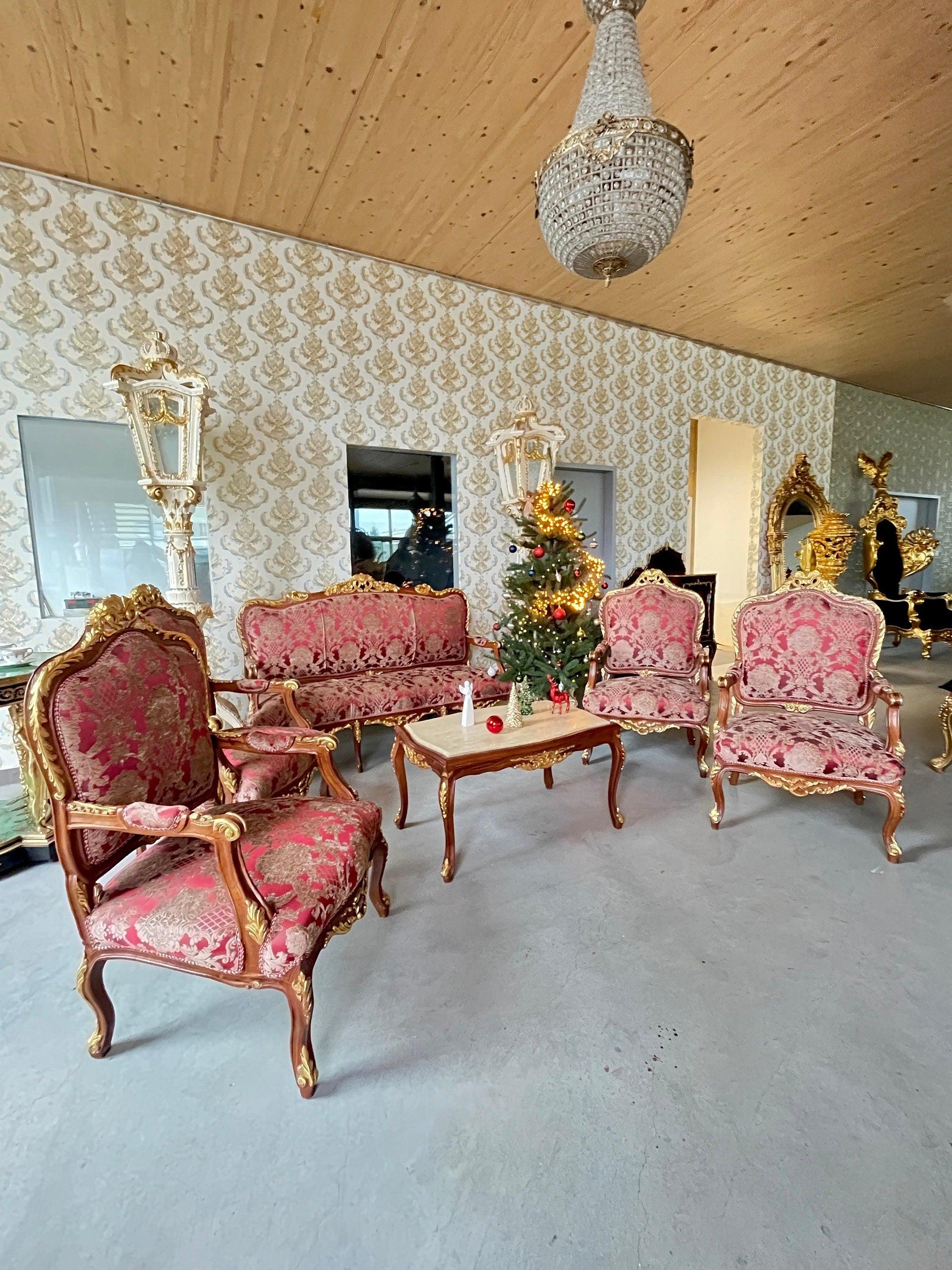 Sofa Set Bordeaux Flower Pattern French Antique Style Sofa Set in Red Royal Baroque Style Sofa Set For Home Lounge Room For Hotel Lobby