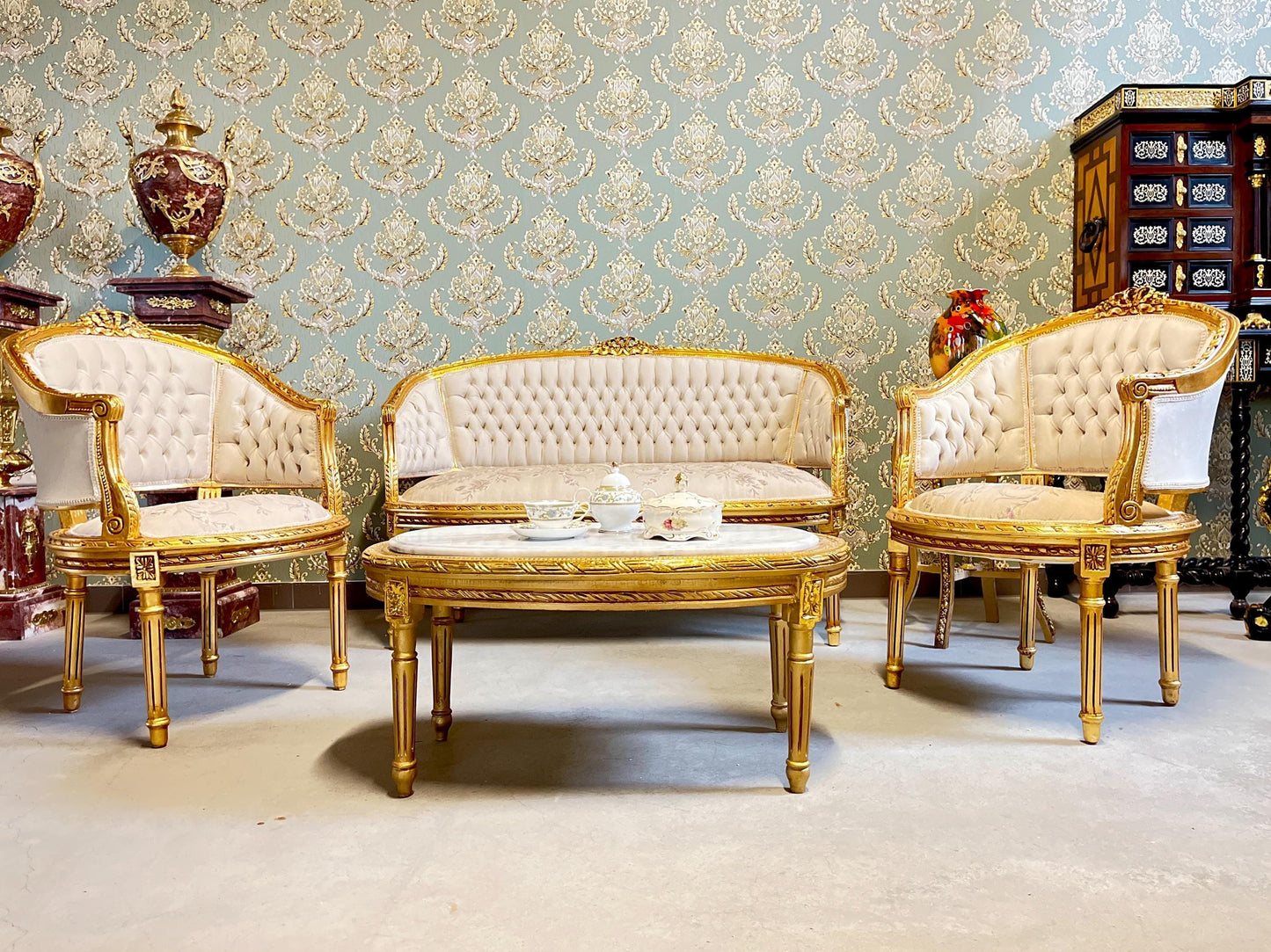 Sofa Set Retro French Baroque Rococo Style Beige Floral Color Damask Lounge Couch Set Handmade Antique Style for Living Room Home Decor
