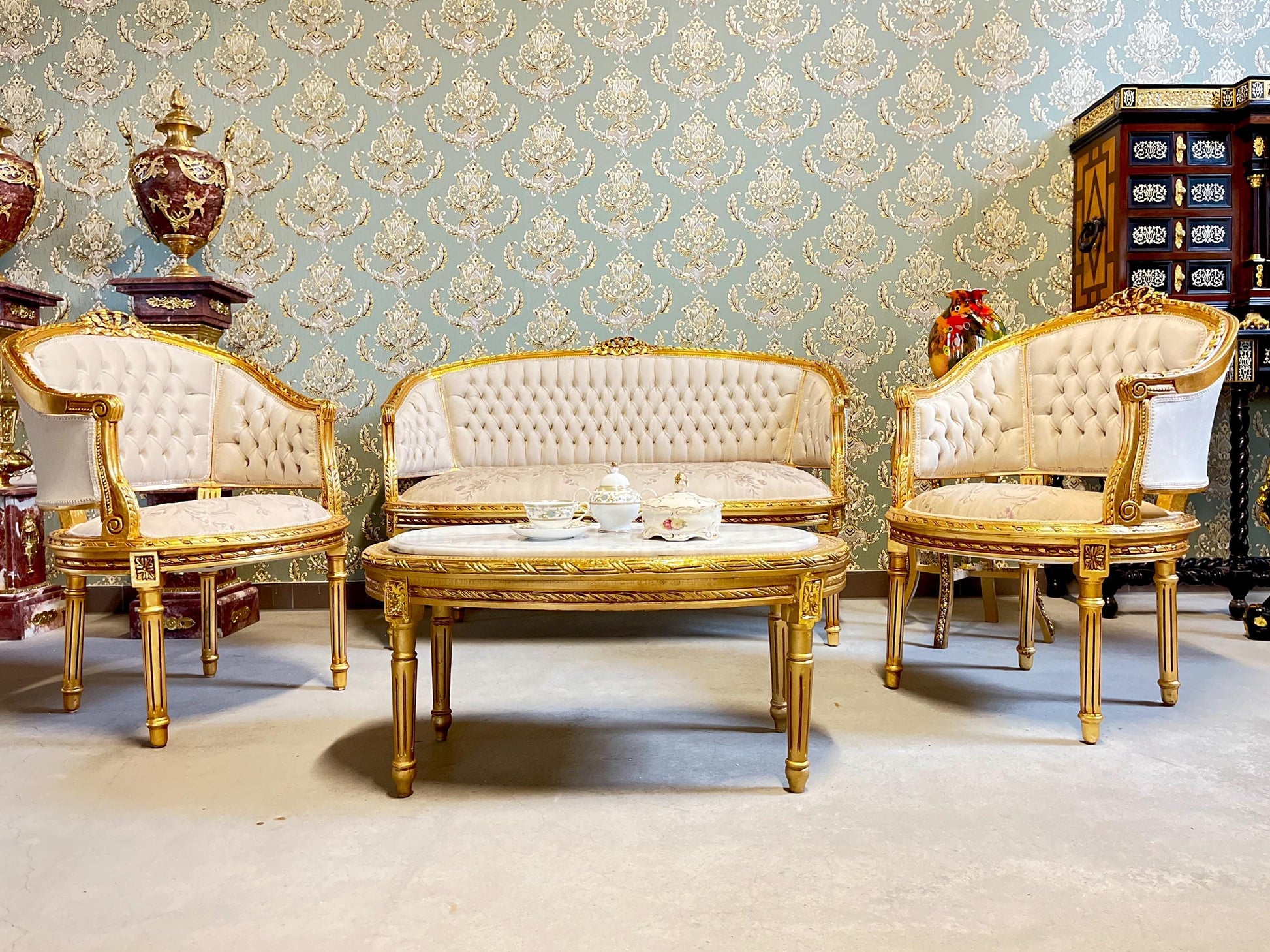 Sofa Set Retro French Baroque Rococo Style Beige Floral Color Damask Lounge Couch Set Handmade Antique Style for Living Room Home Decor