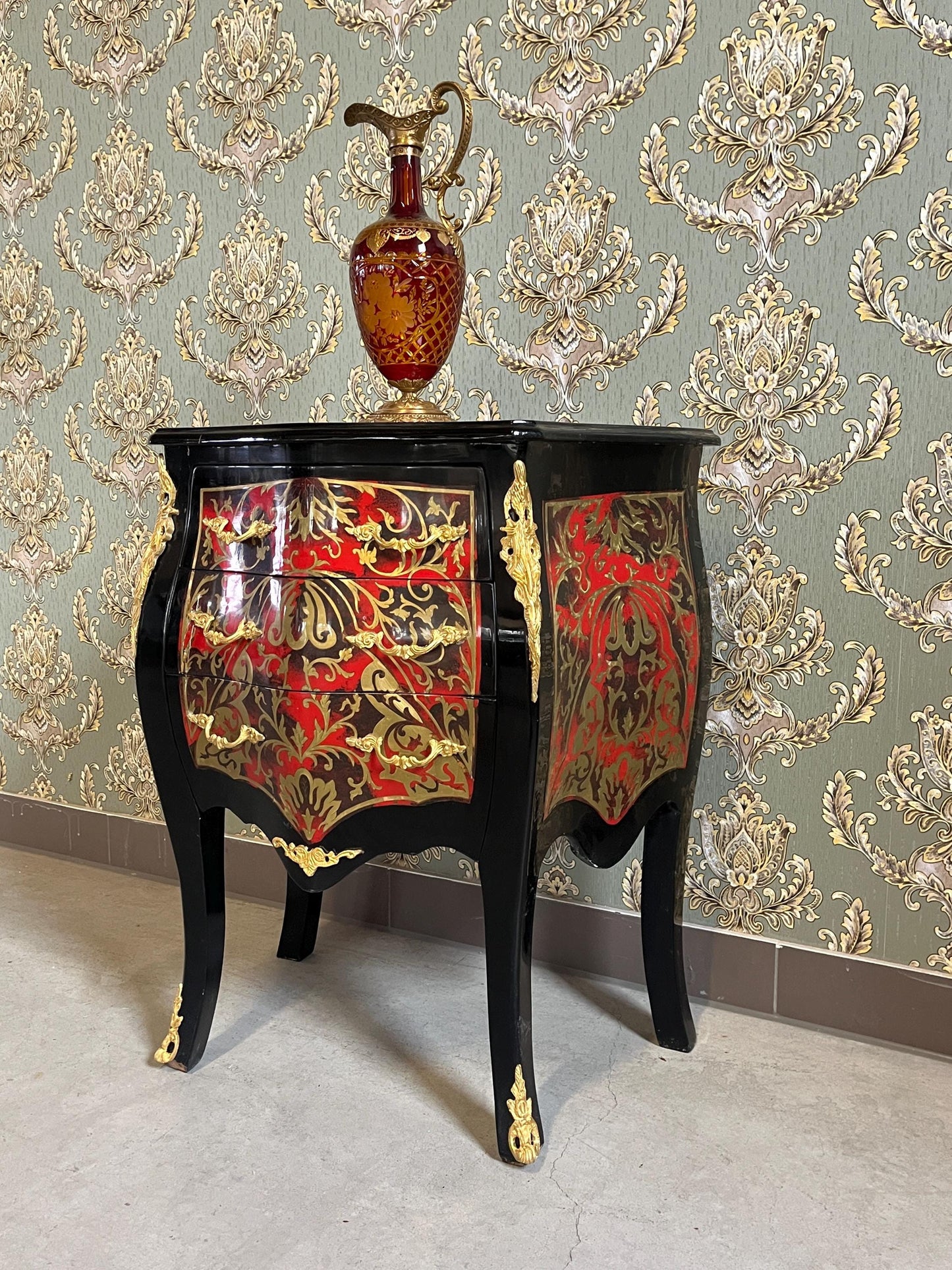 Chest of Drawers in Black Antique Baroque Style Handmade Night Stands Colorful Painting Front Side Table With Bronze Handles for Home Decor