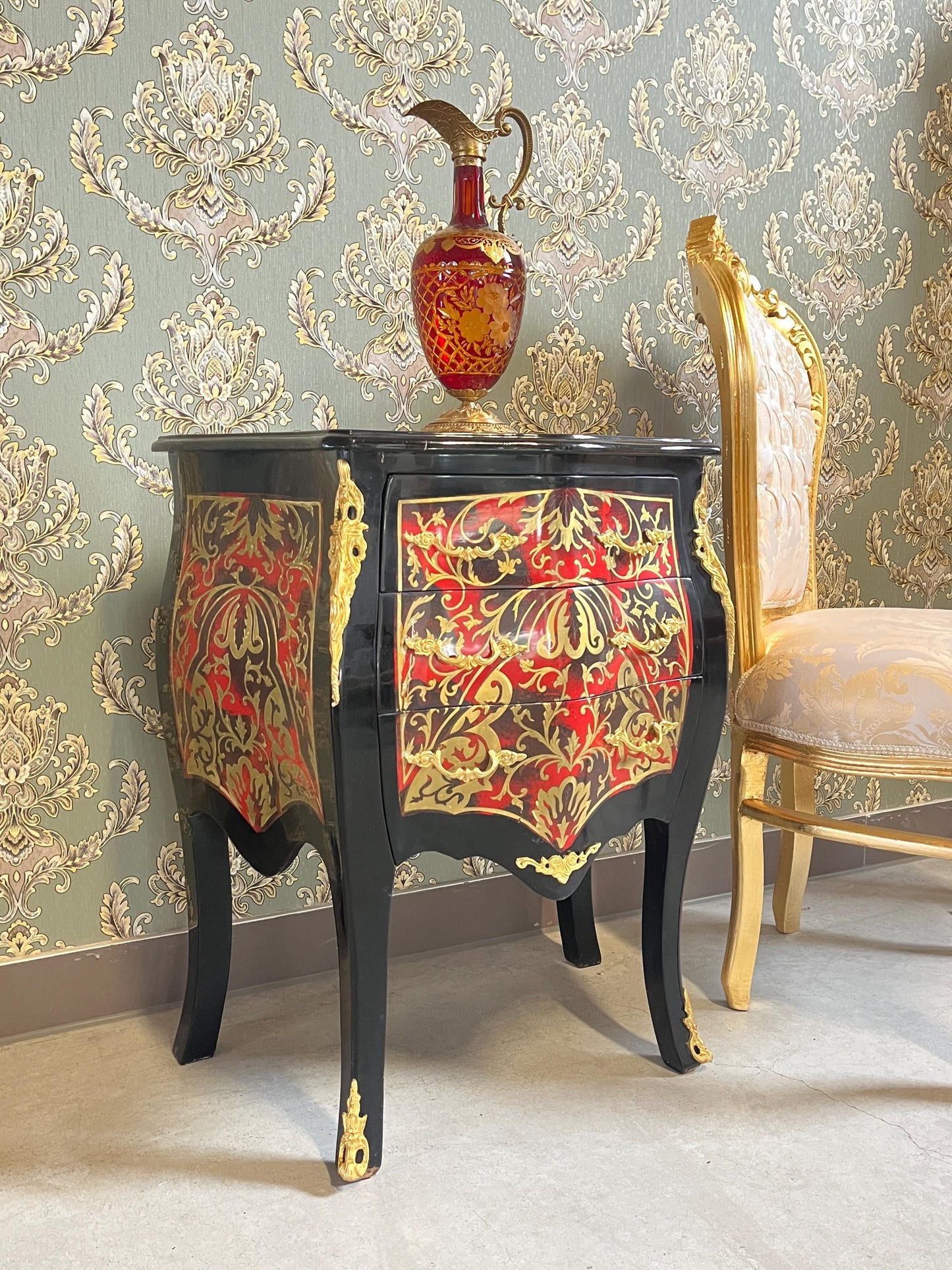 Chest of Drawers in Black Antique Baroque Style Handmade Night Stands Colorful Painting Front Side Table With Bronze Handles for Home Decor