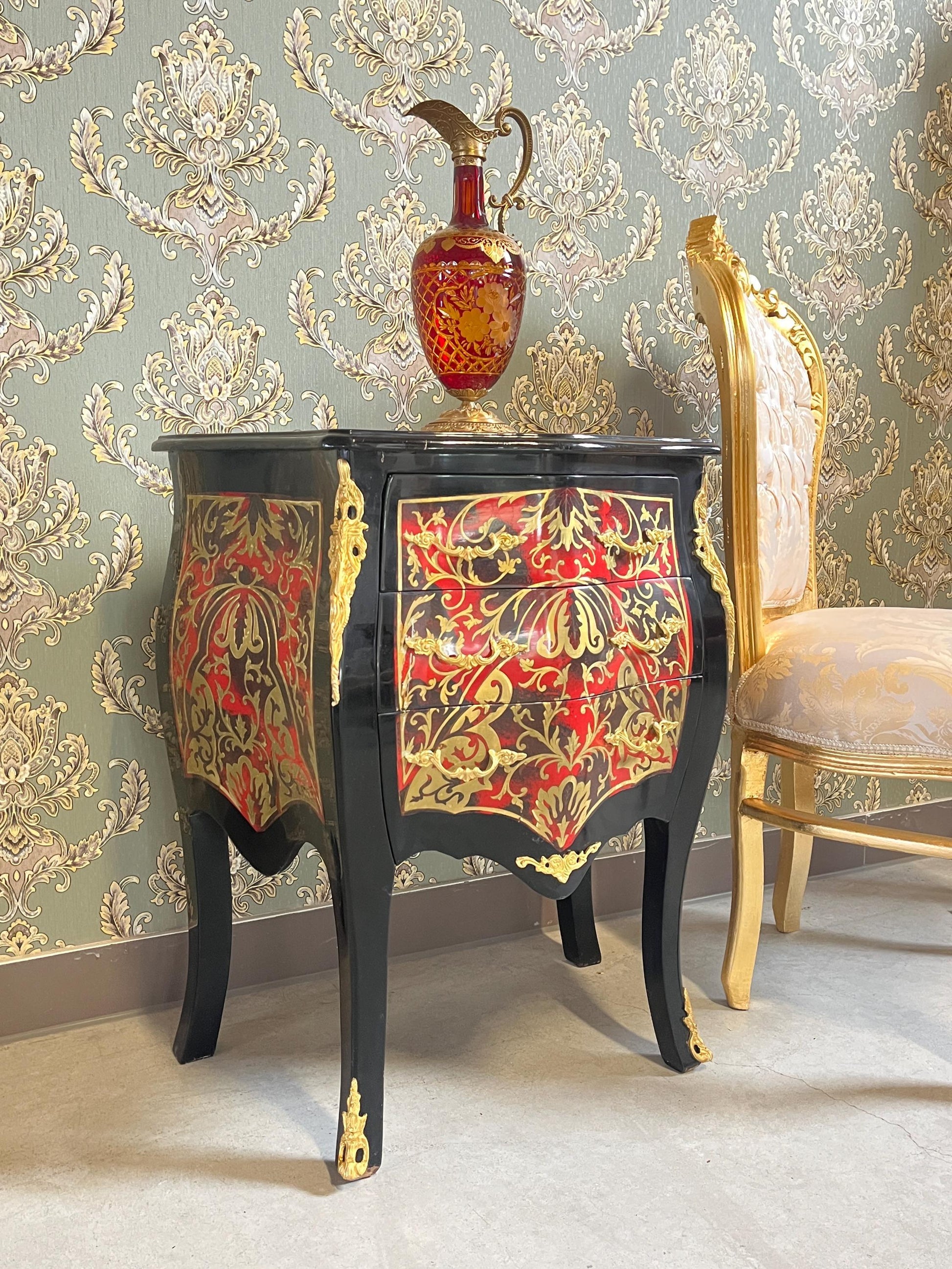 Chest of Drawers in Black Antique Baroque Style Handmade Night Stands Colorful Painting Front Side Table With Bronze Handles for Home Decor