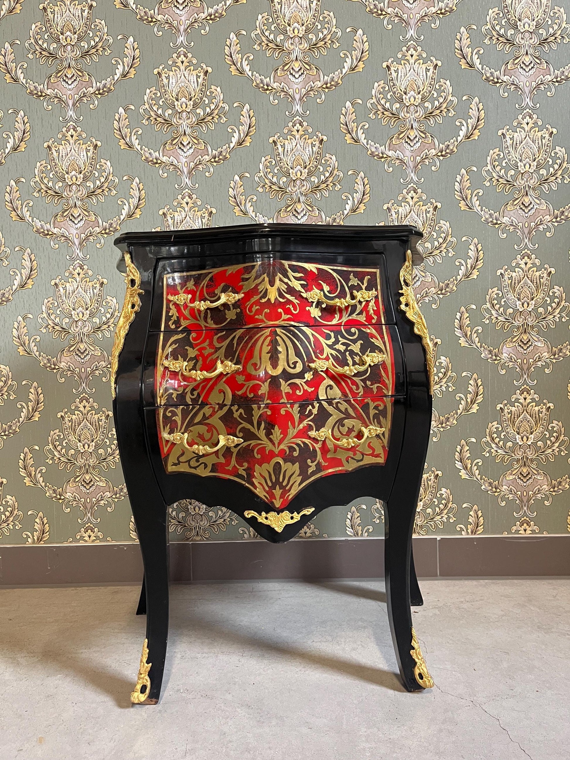 Chest of Drawers in Black Antique Baroque Style Handmade Night Stands Colorful Painting Front Side Table With Bronze Handles for Home Decor